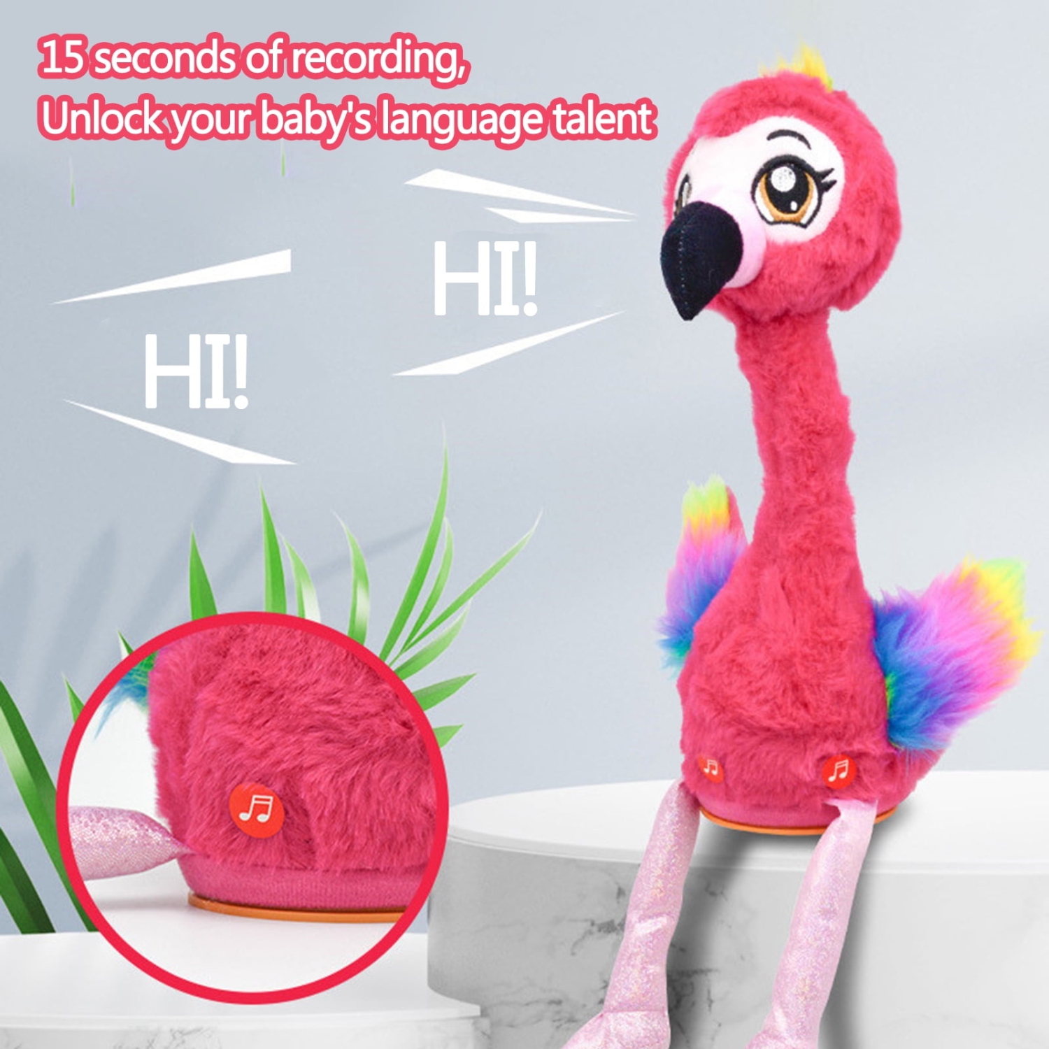 Interactive Flamingo Plush Toy with Recording and Dancing Function - 15 Second Voice Changer, 120 Songs, Interactive Toy Plush Doll, Baby