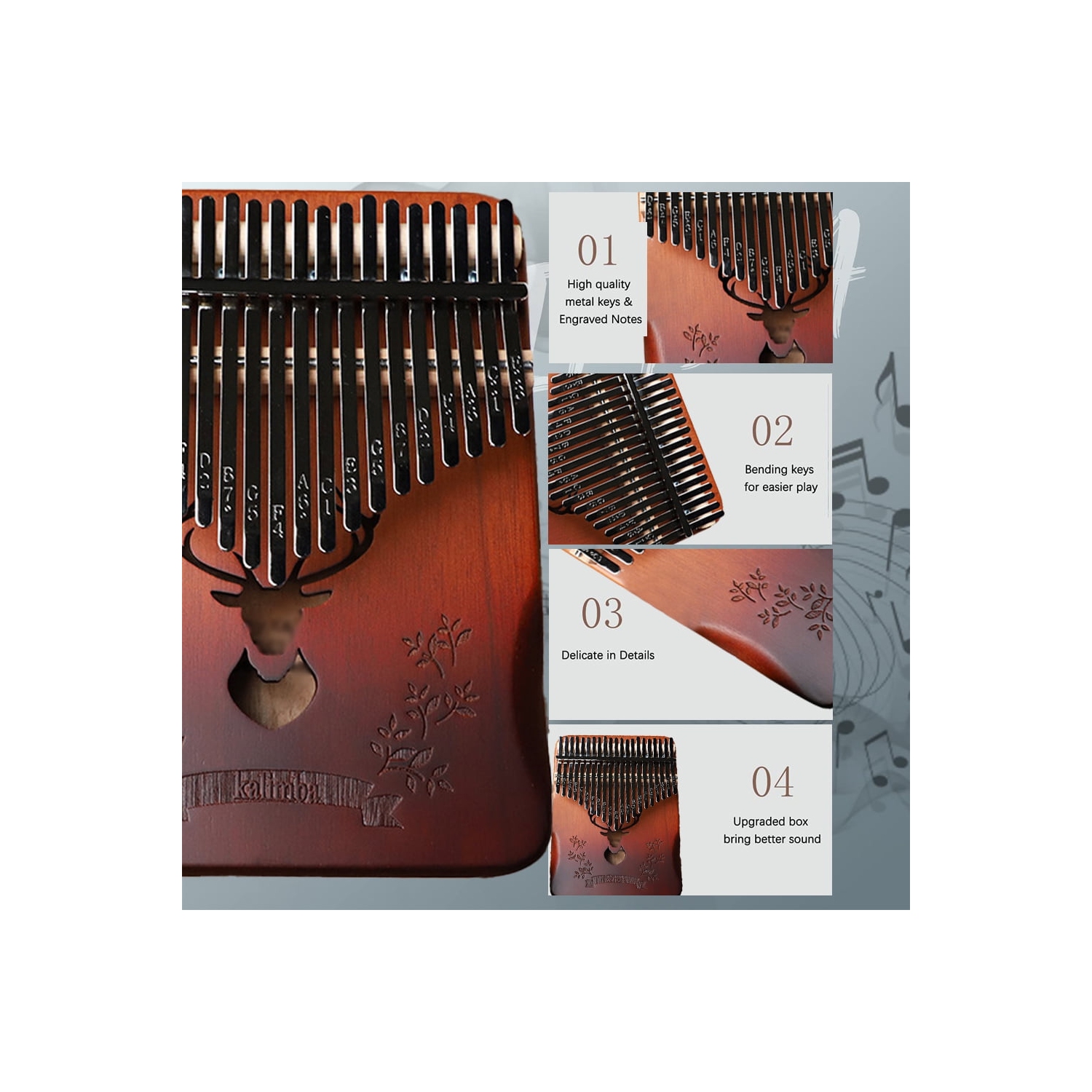 Piano portatif de 21 touches au pouce - kalimba en bois sculpté à la main avec notes de musique, adapté aux enfants et aux débutants adultes, est un
