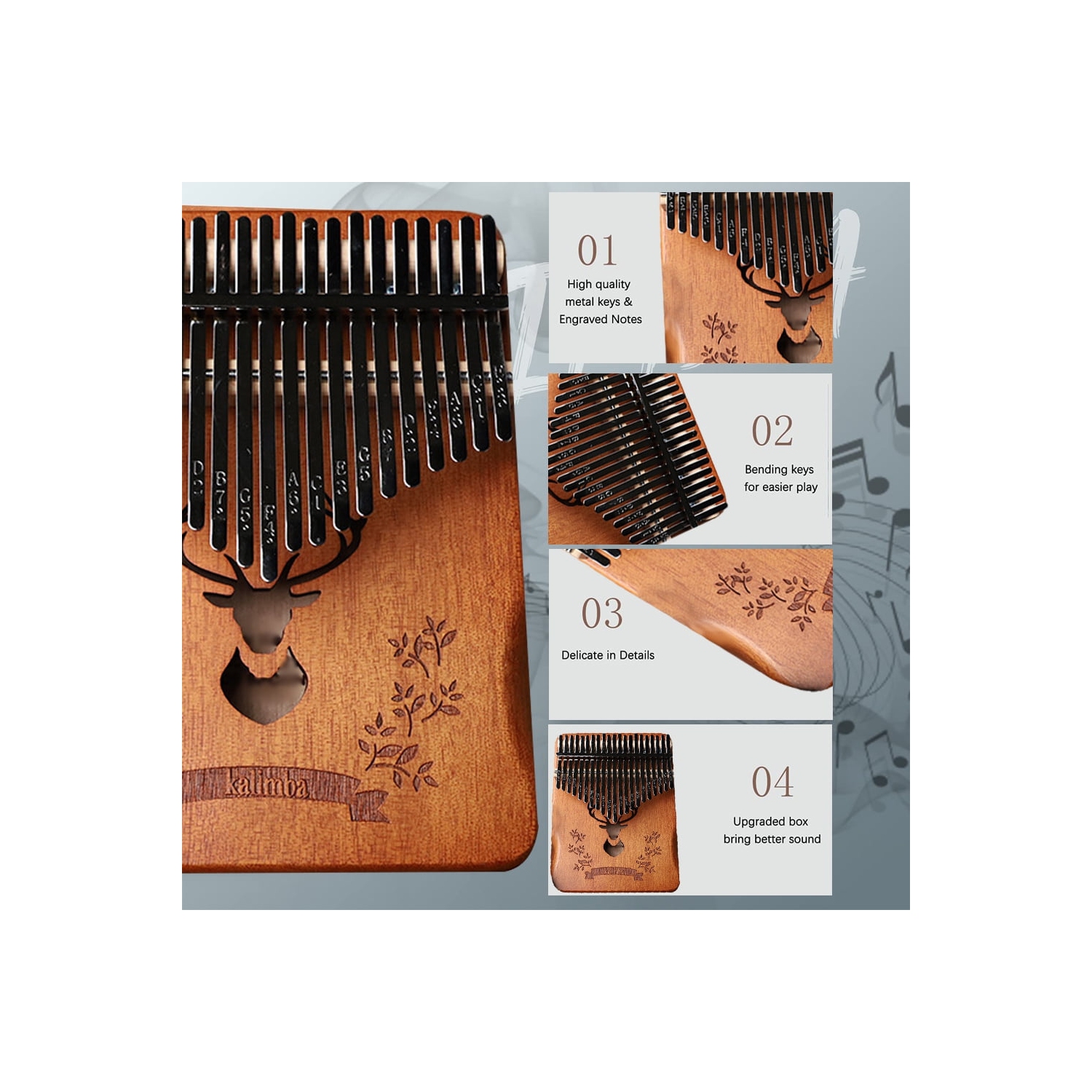 Piano portatif de 21 touches au pouce - kalimba en bois sculpté à la main avec notes de musique, adapté aux enfants et aux débutants adultes, est un
