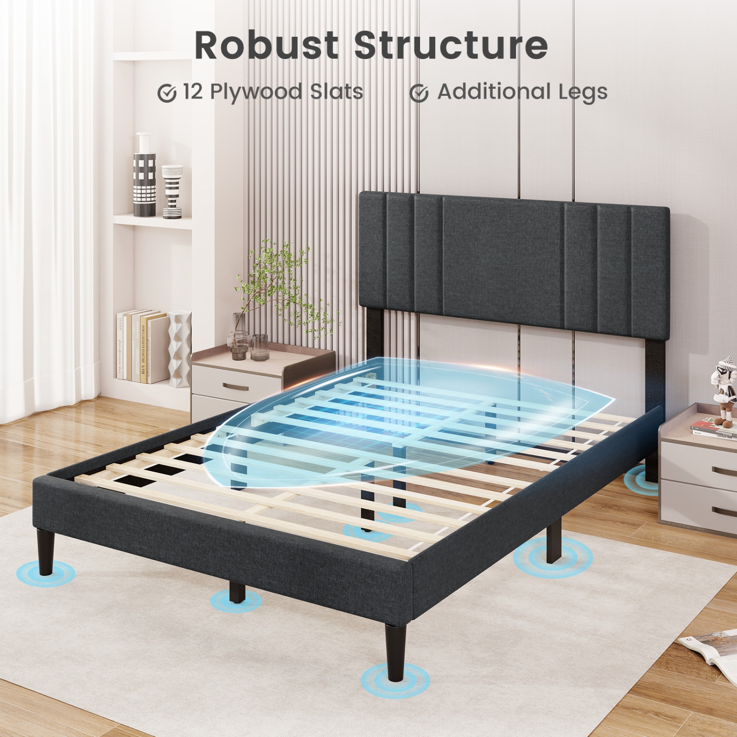 Gymax Twin / Full / Queen Size Bed Frame w/ Vertical Channel Tufted Headboard & Wooden Slats