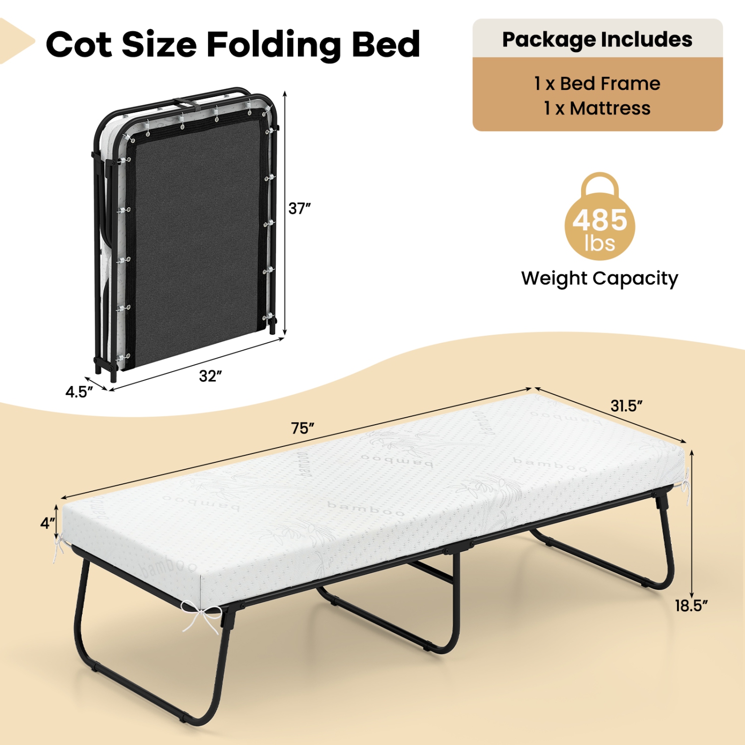 Gymax 75'' x 31'' Folding Bed w/ Memory Foam Breathable Mesh & Heavy-Duty Metal Frame