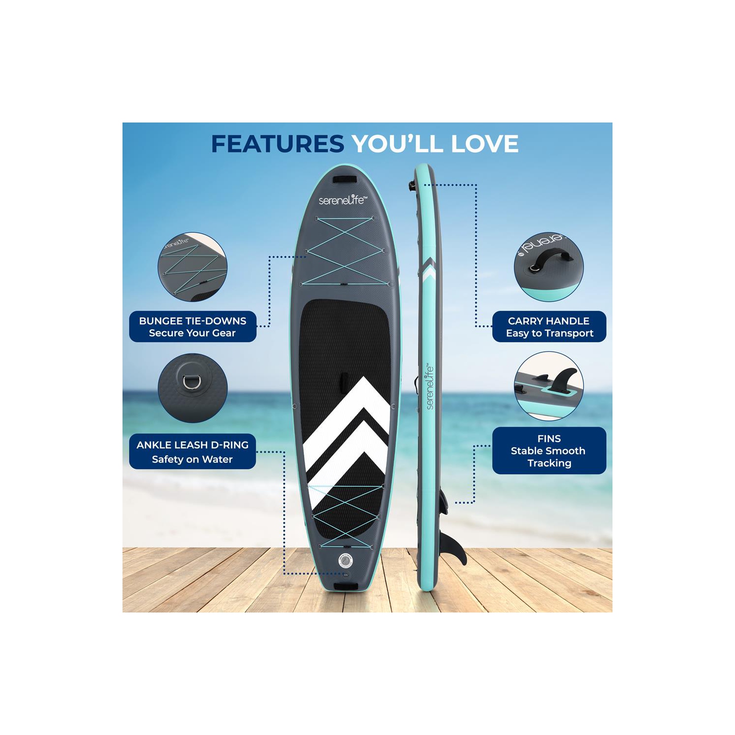 SereneLife 10’ Inflatable Stand Up Paddle Board with Premium SUP Accessories - 32” Wide Stable Design with Non-Slip EVA Deck Pad, for Youth and