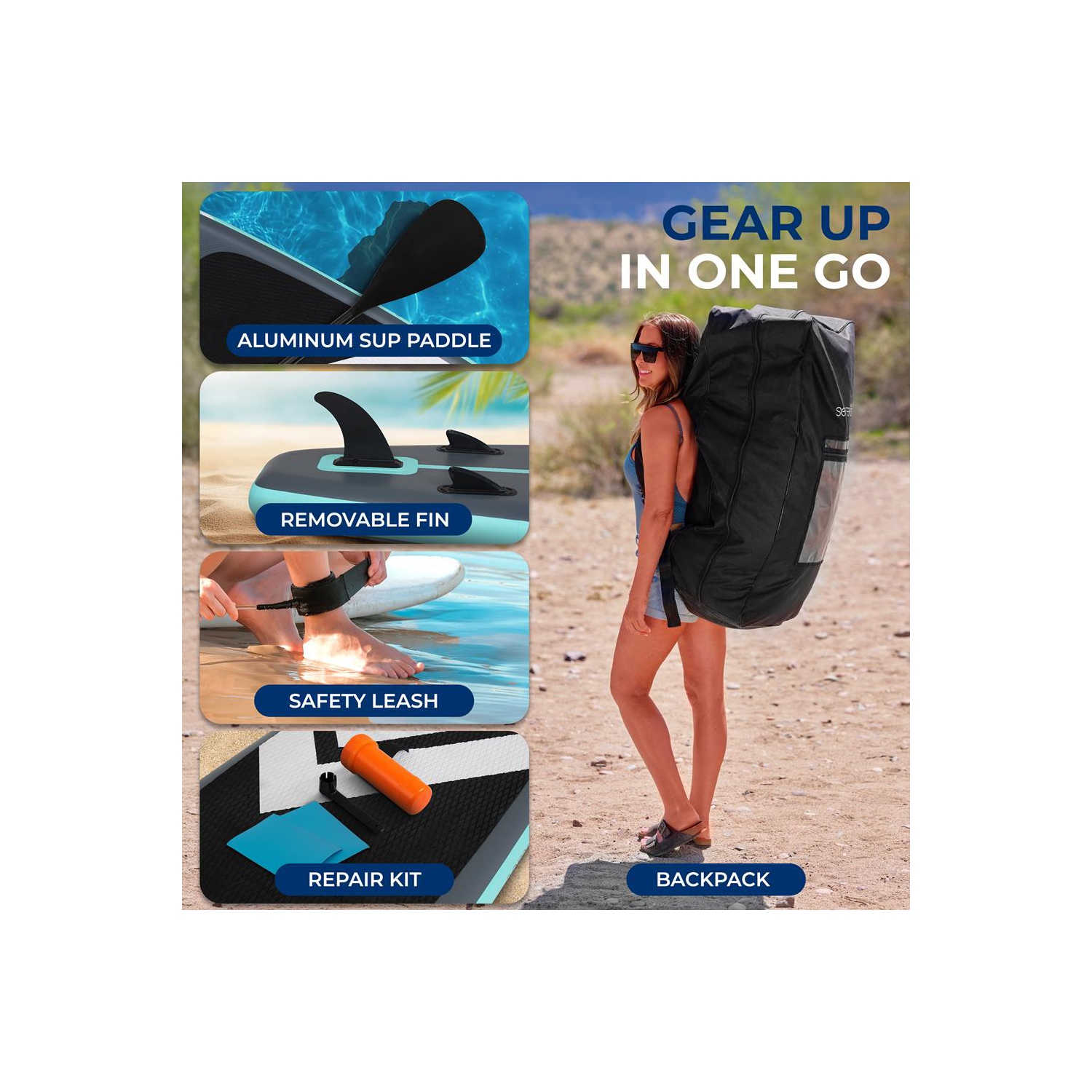 SereneLife 10’ Inflatable Stand Up Paddle Board with Premium SUP Accessories - 32” Wide Stable Design with Non-Slip EVA Deck Pad, for Youth and