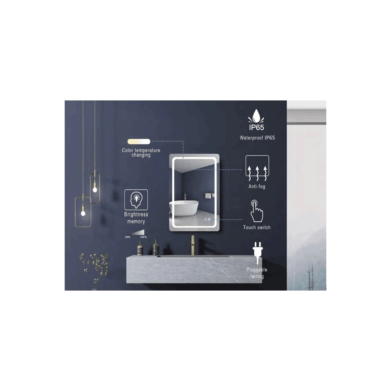 Auvabath Infinite 60 x 80 cm LED Bathroom Mirror – Bluetooth Rectangular Vanity Mirror, IP65 Waterproof, Copper-Free Glass, Aluminum Frame, Made in