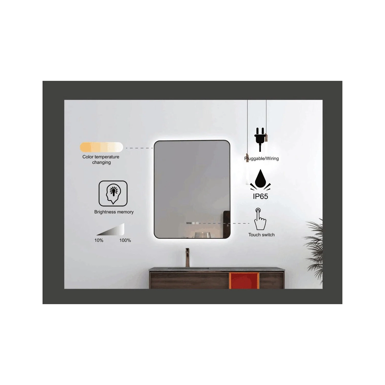 90 80 cm miroirs rectangulaires à DEL Ombre d'Auvabath – Cote IP65 étanche, verre sans cuivre, dos en aluminium, miroir moderne pour salle de