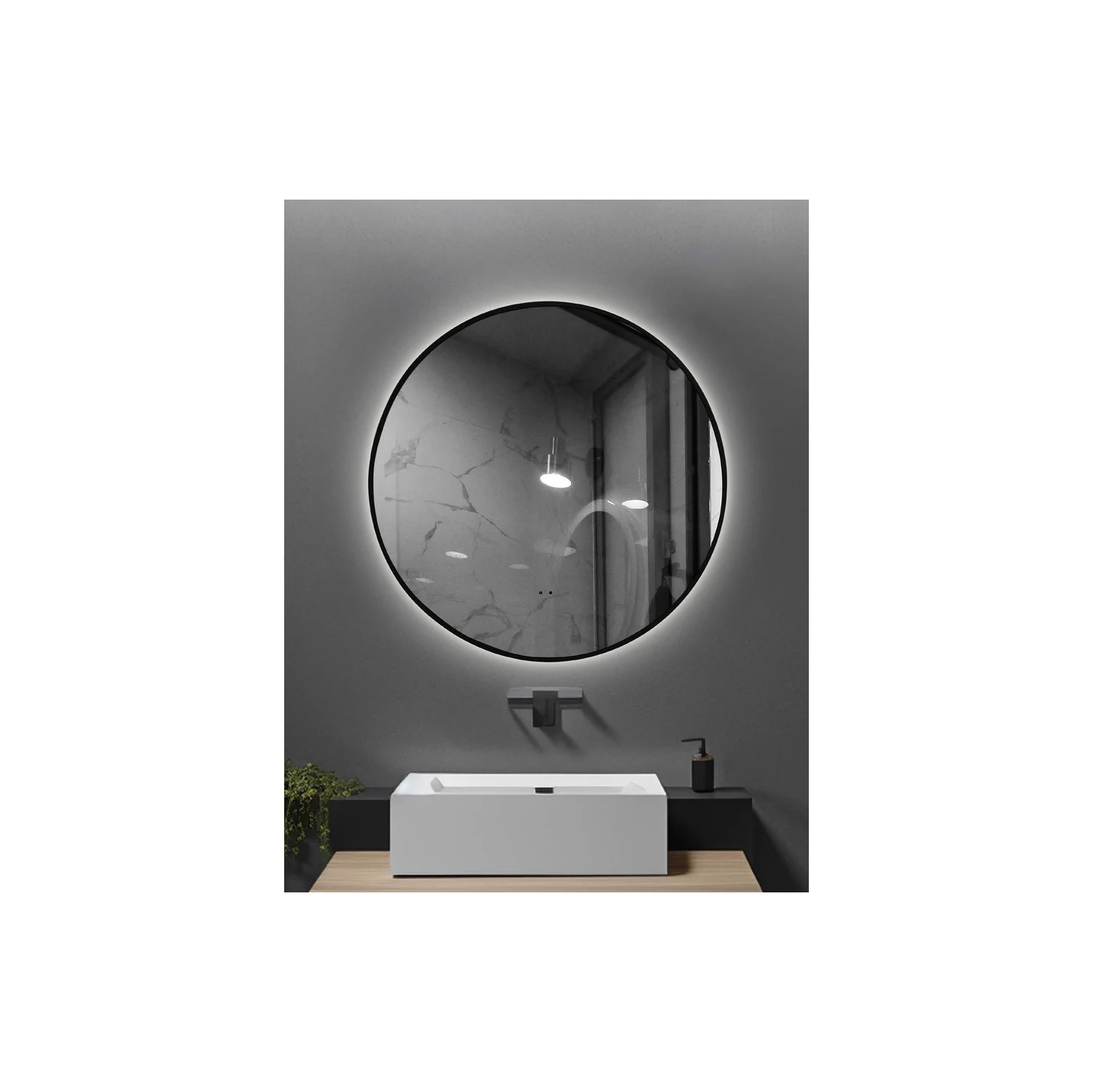 Miroir à DEL rond Shadow 75 cm d'Auvabath – Verre sans cuivre étanche IP65, cadre en aluminium, salle de bain et miroir moderne pour coiffeuse,