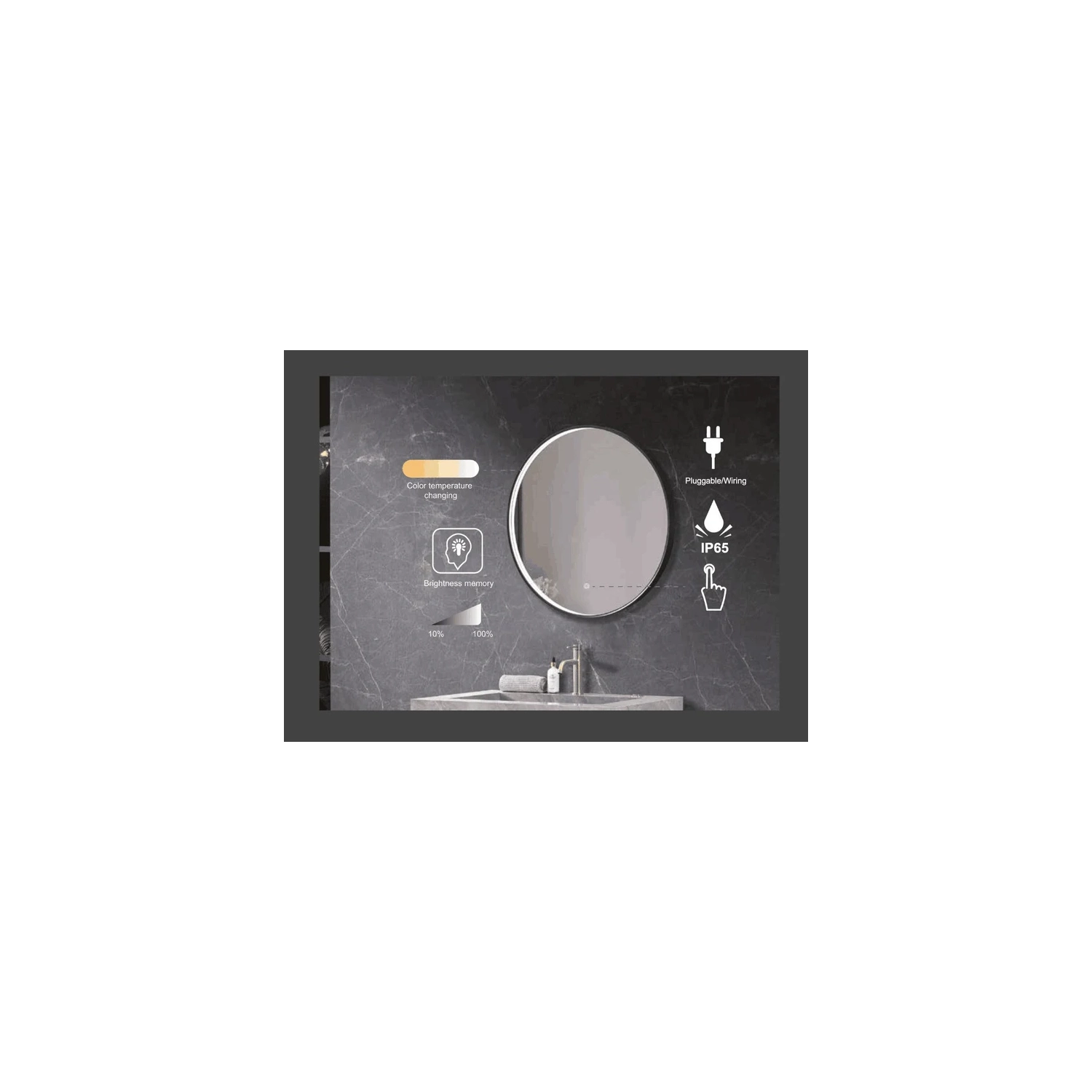 Miroir à DEL rond Shadow 75 cm d'Auvabath – Verre sans cuivre étanche IP65, cadre en aluminium, salle de bain et miroir moderne pour coiffeuse,