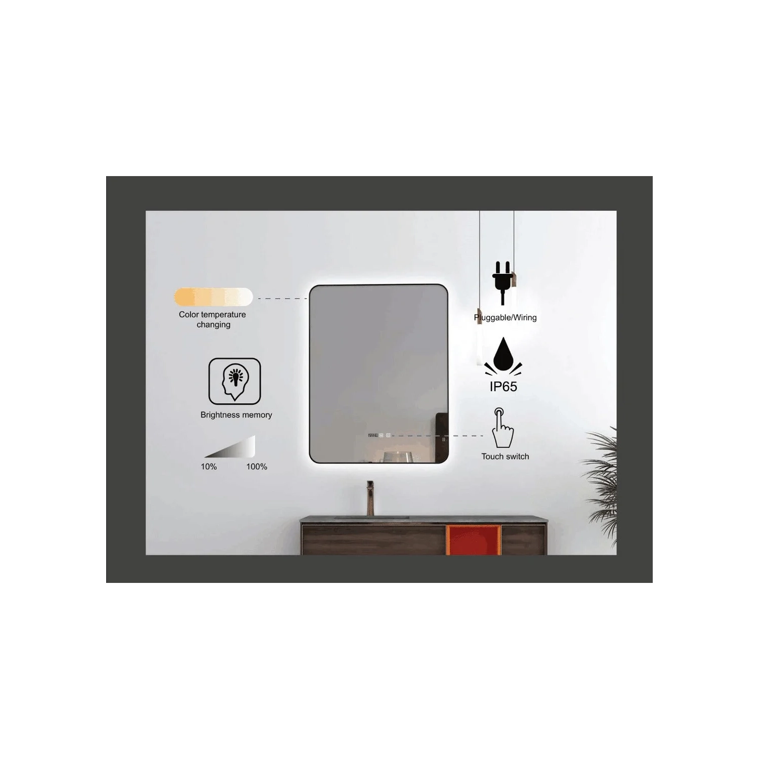 70 90 cm miroirs rectangulaires à DEL Ombre d'Auvabath – Cote IP65 étanche, verre sans cuivre, dos en aluminium, miroir moderne pour salle de