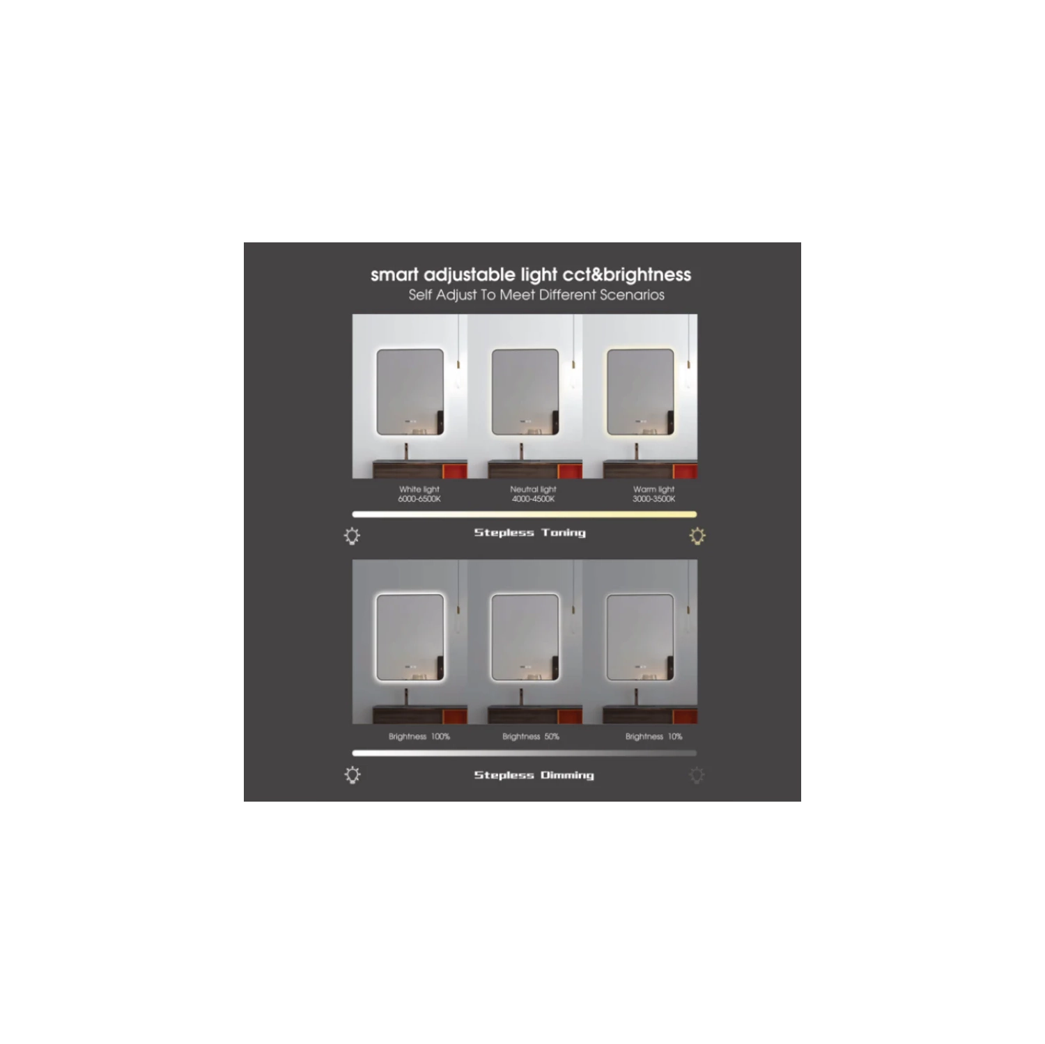 70 90 cm miroirs rectangulaires à DEL Ombre d'Auvabath – Cote IP65 étanche, verre sans cuivre, dos en aluminium, miroir moderne pour salle de