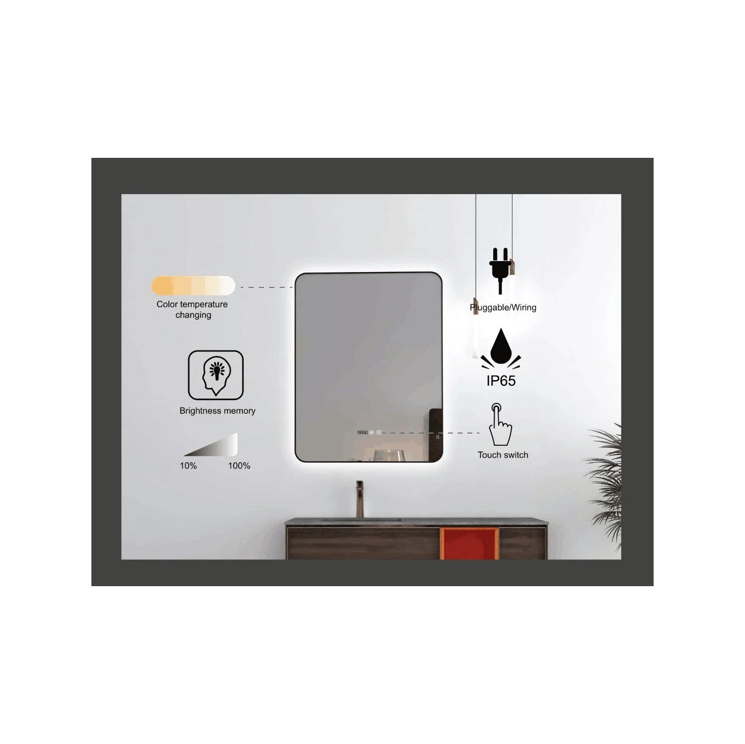 150 60&nbsp;cm miroirs rectangulaires à DEL Ombre d'Auvabath – Cote IP65 étanche, verre sans cuivre, dos en aluminium, miroir moderne pour salle de