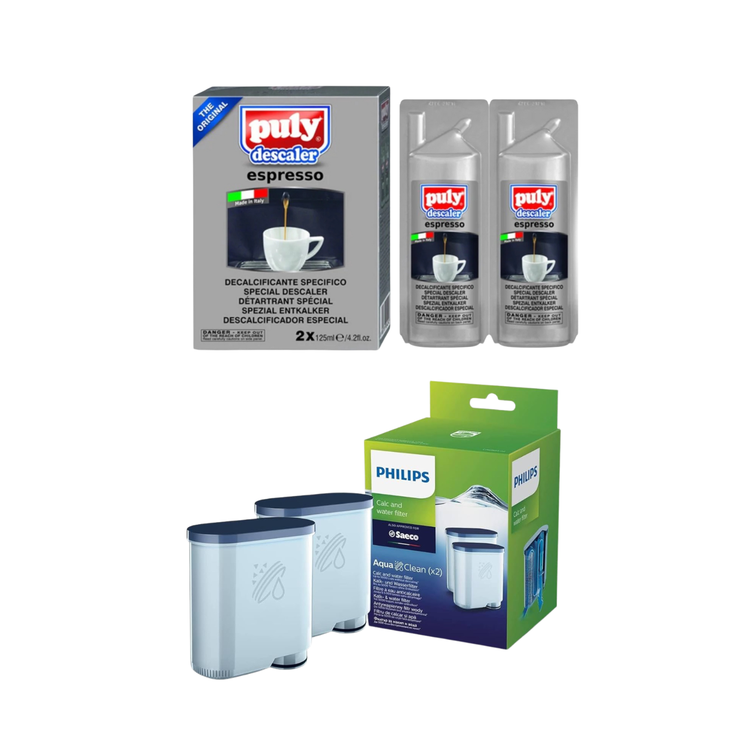 Espresso Machine Maintenance Kit – Puly Descaler + Philips AquaClean Filters (2-Pack)