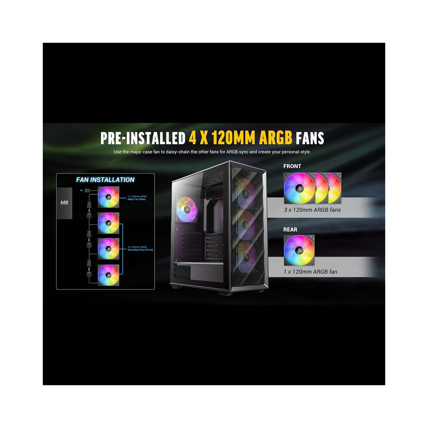 Antec – Boîtier ARGB AX85, tour mi-haute, ATX, M-ATX, ITX 4 ventilateurs ARGB 120&nbsp;mm, sans source, noirs