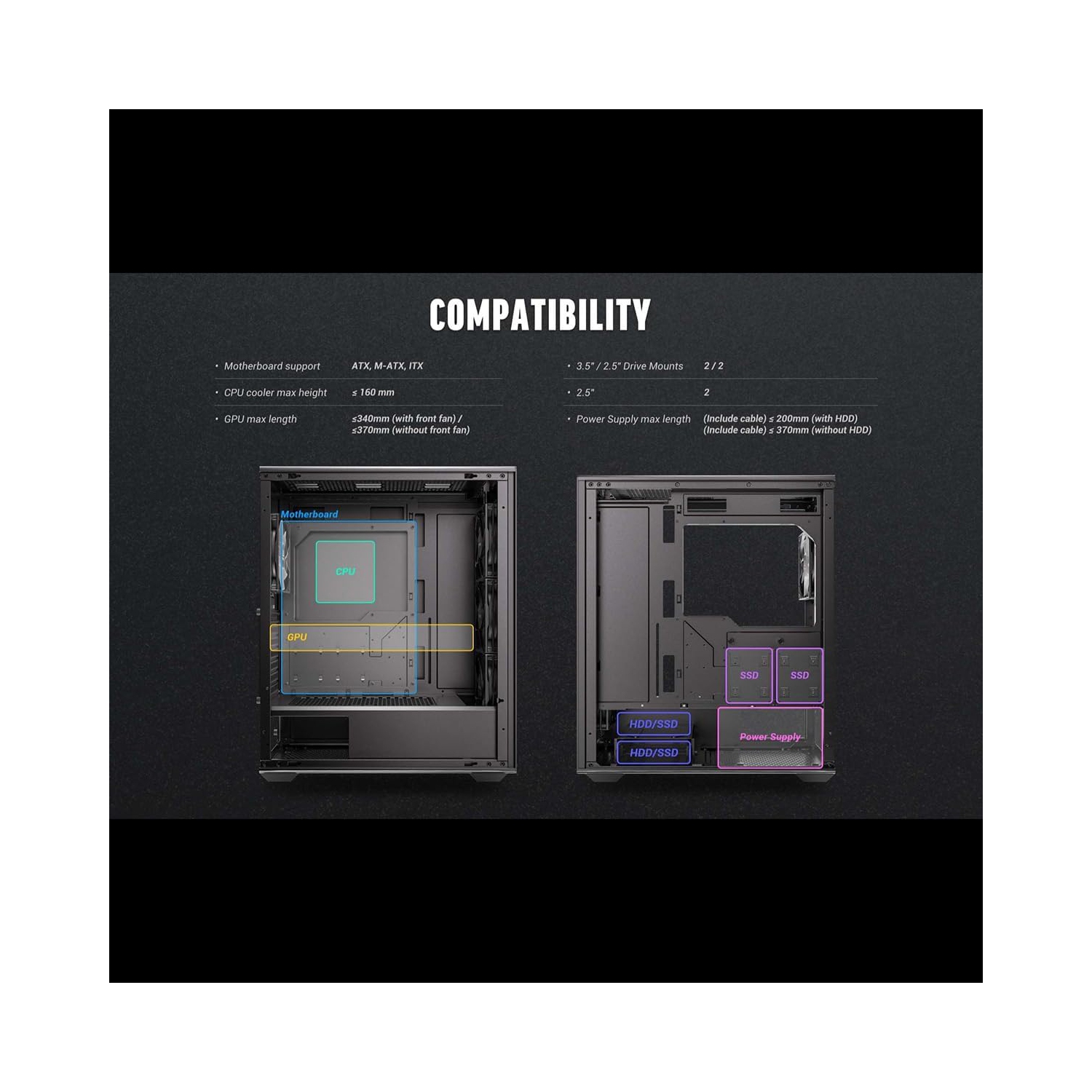 Antec – Boîtier ARGB AX85, tour mi-haute, ATX, M-ATX, ITX 4 ventilateurs ARGB 120&nbsp;mm, sans source, noirs