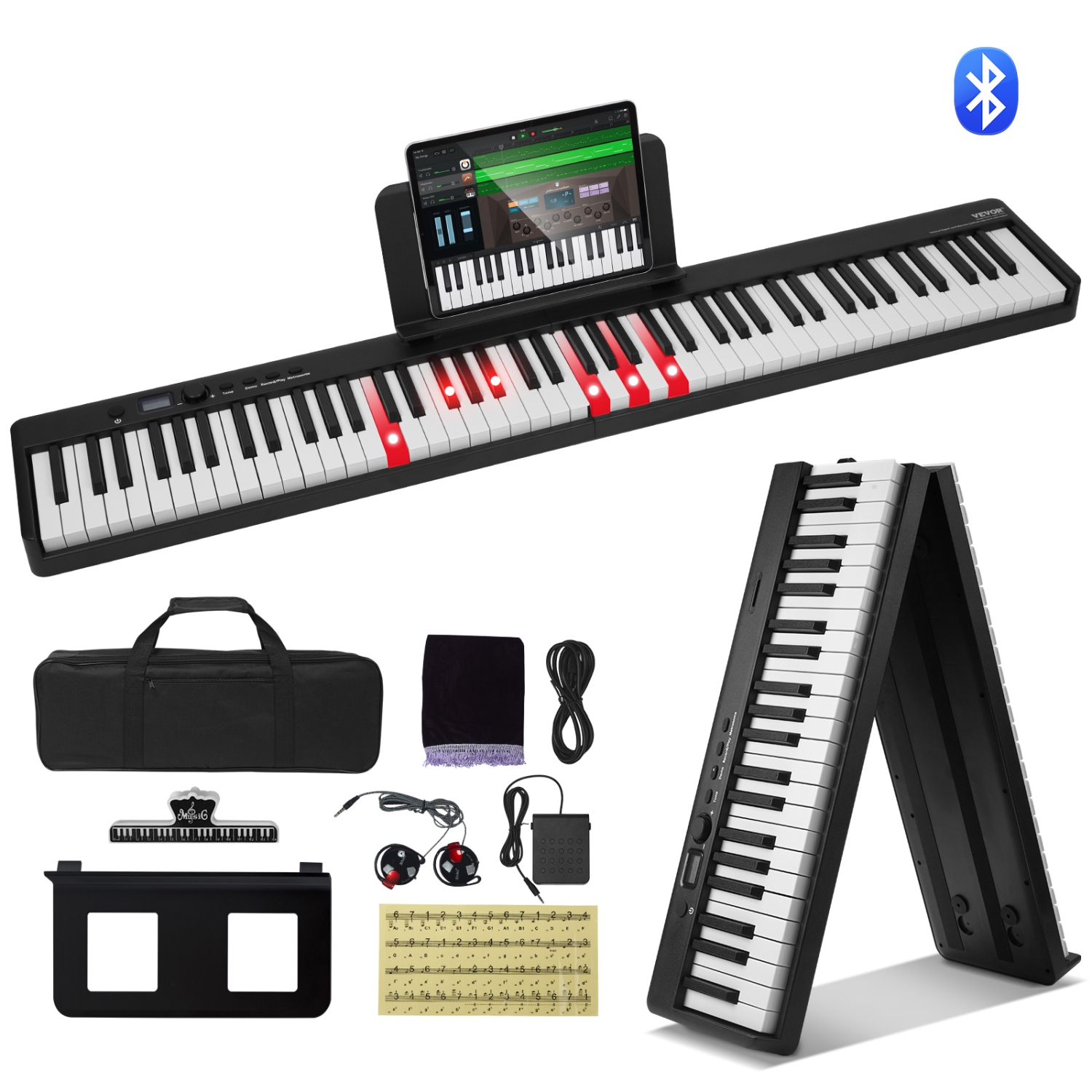 Clavier pliable VEVOR à 88 touches, Bluetooth et MIDI, piano électronique portatif pliable numérique avec sac à pédale forte, écouteurs à touches