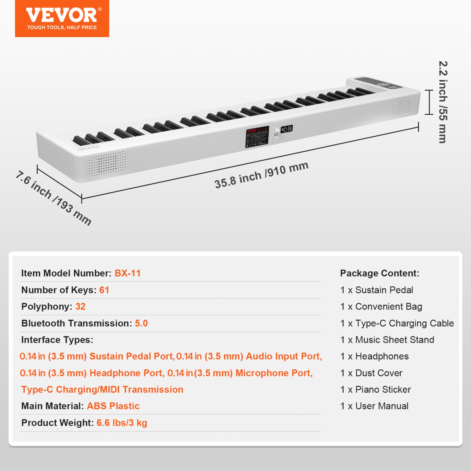 Piano pliable VEVOR à 61 touches, Bluetooth et MIDI, piano électronique portatif pliable numérique avec pédale forte, étui pour touches sensibles,