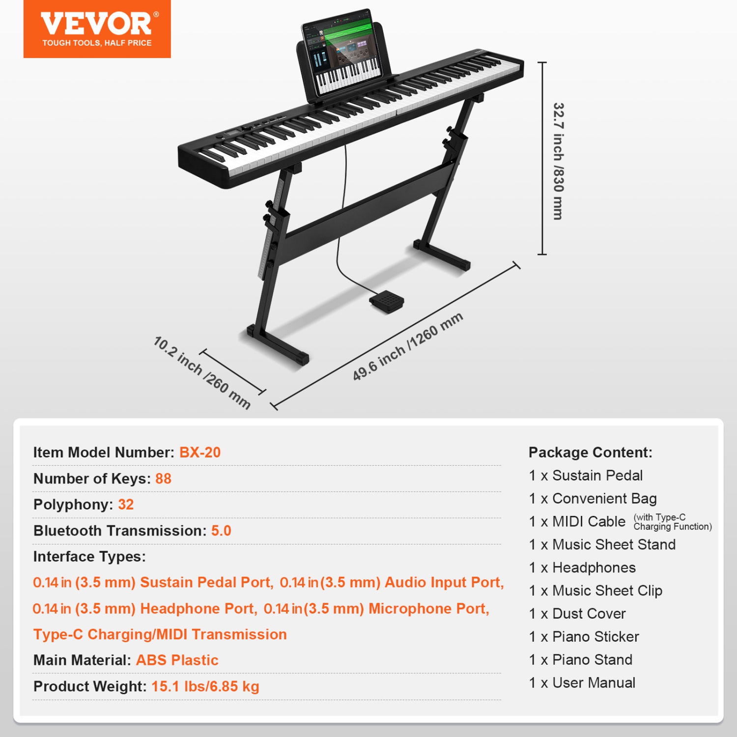 VEVOR 88 Key Folding Keyboard Piano, Bluetooth & MIDI, Portable Electronic Digital Foldable Piano with Stand Sustain Pedal Bag Touch Sensitive Keys,
