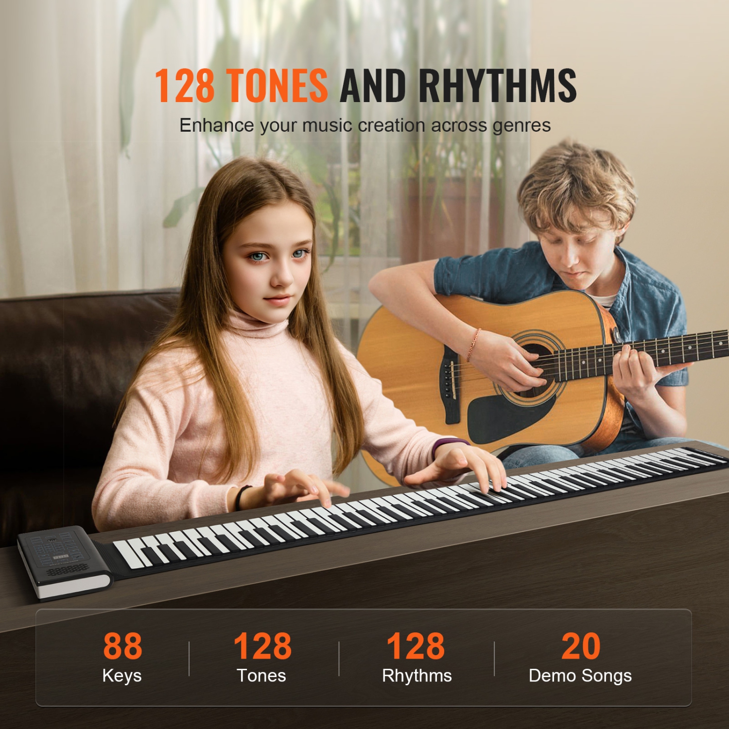 Piano à 88 touches enroulable VEVOR, 128 rythmes, piano numérique électrique portatif à 128 tonalités avec pile rechargeable 2&nbsp;W Haut-parleur