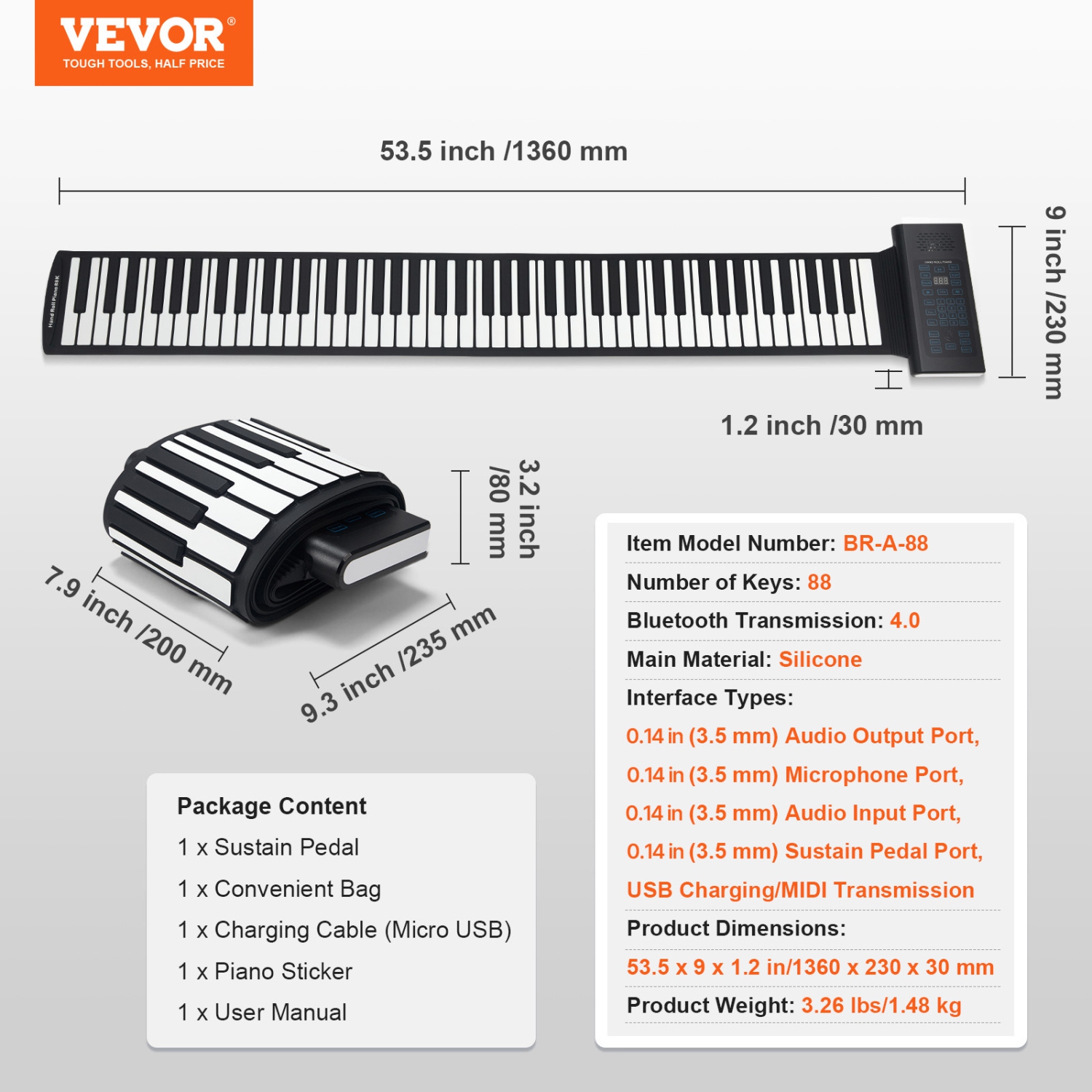Piano à 88 touches enroulable VEVOR, 128 rythmes, piano numérique électrique portatif à 128 tonalités avec pile rechargeable 2&nbsp;W Haut-parleur