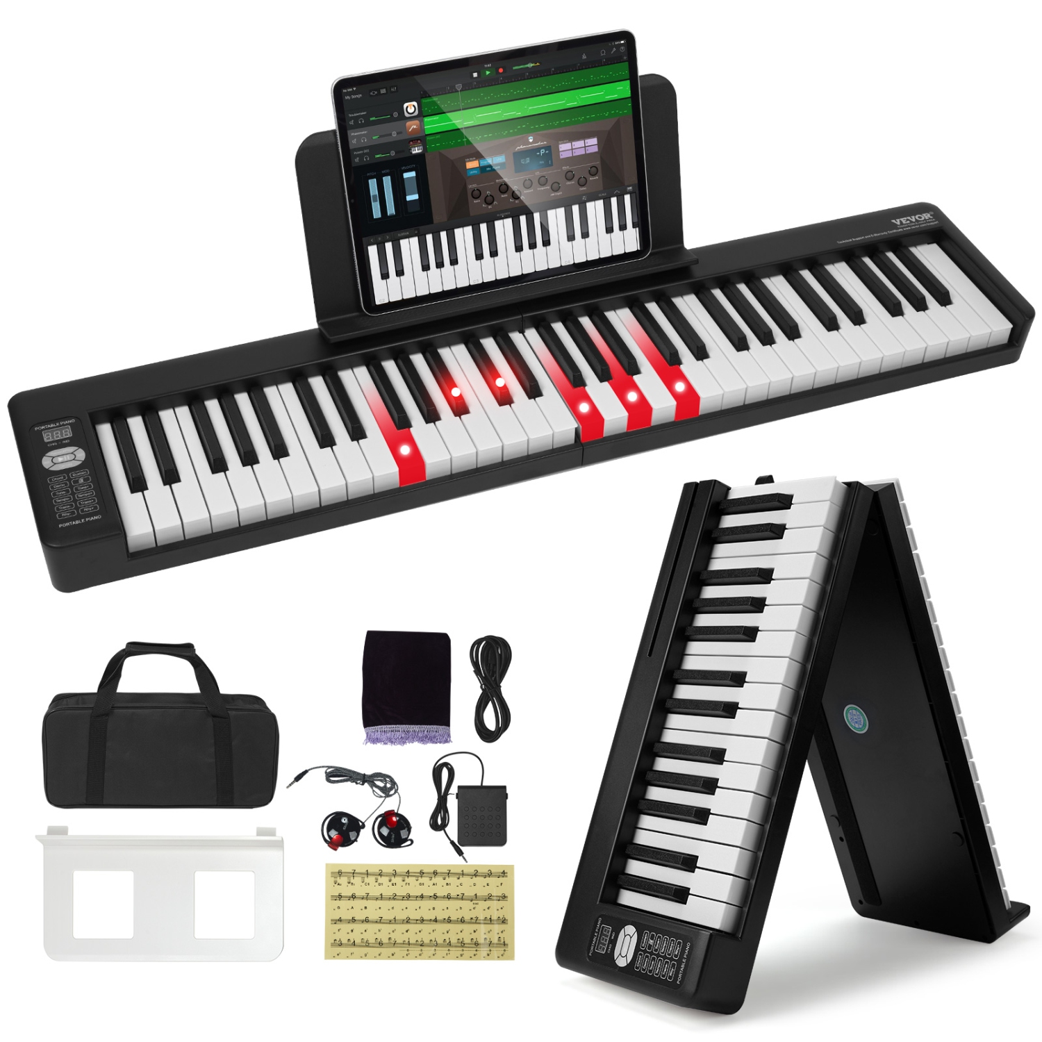 Piano pliable VEVOR à 61 touches, Bluetooth et MIDI, piano électronique portatif pliable numérique avec pédale forte, étui pour touches sensibles,