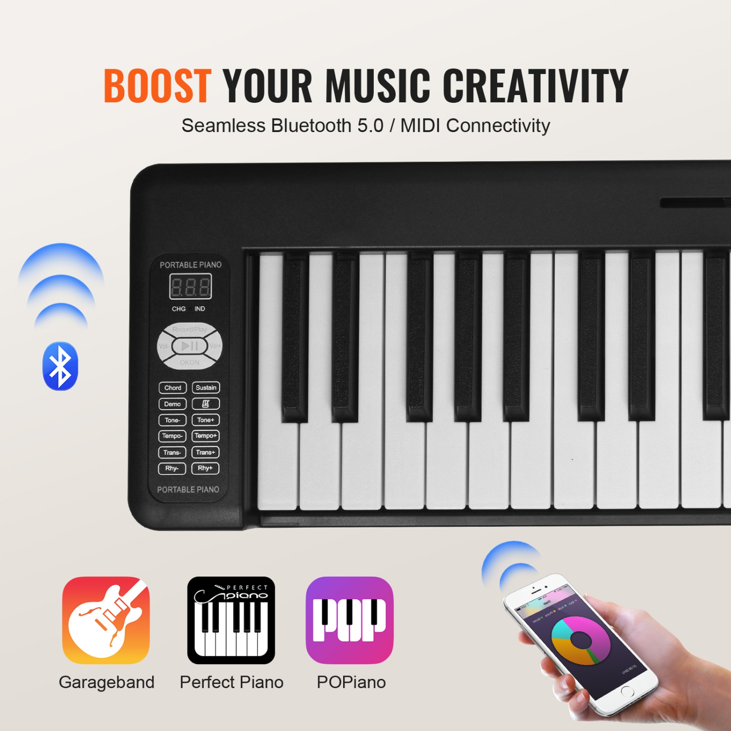 Piano pliable VEVOR à 61 touches, Bluetooth et MIDI, piano électronique portatif pliable numérique avec pédale forte, étui pour touches sensibles,