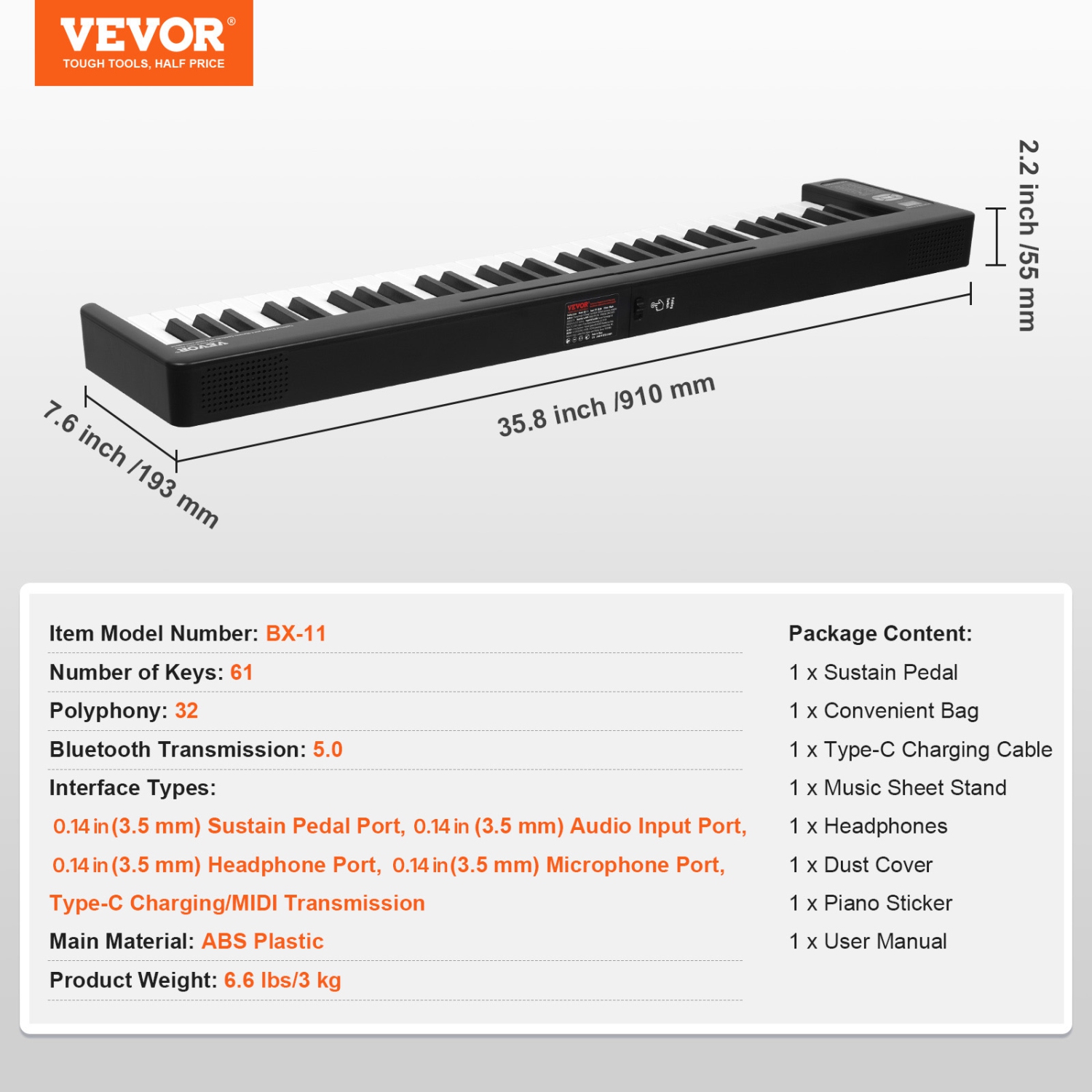 Piano pliable VEVOR à 61 touches, Bluetooth et MIDI, piano électronique portatif pliable numérique avec pédale forte, étui pour touches sensibles,