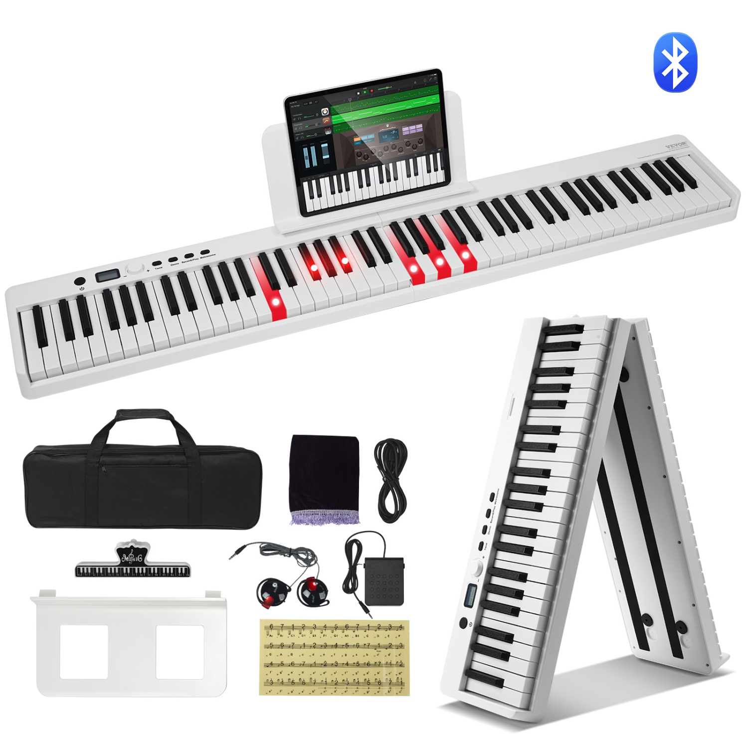 VEVOR 88 Key Folding Keyboard Piano, Bluetooth & MIDI, Portable Electronic Digital Foldable Piano with Sustain Pedal Bag Touch Sensitive Keys
