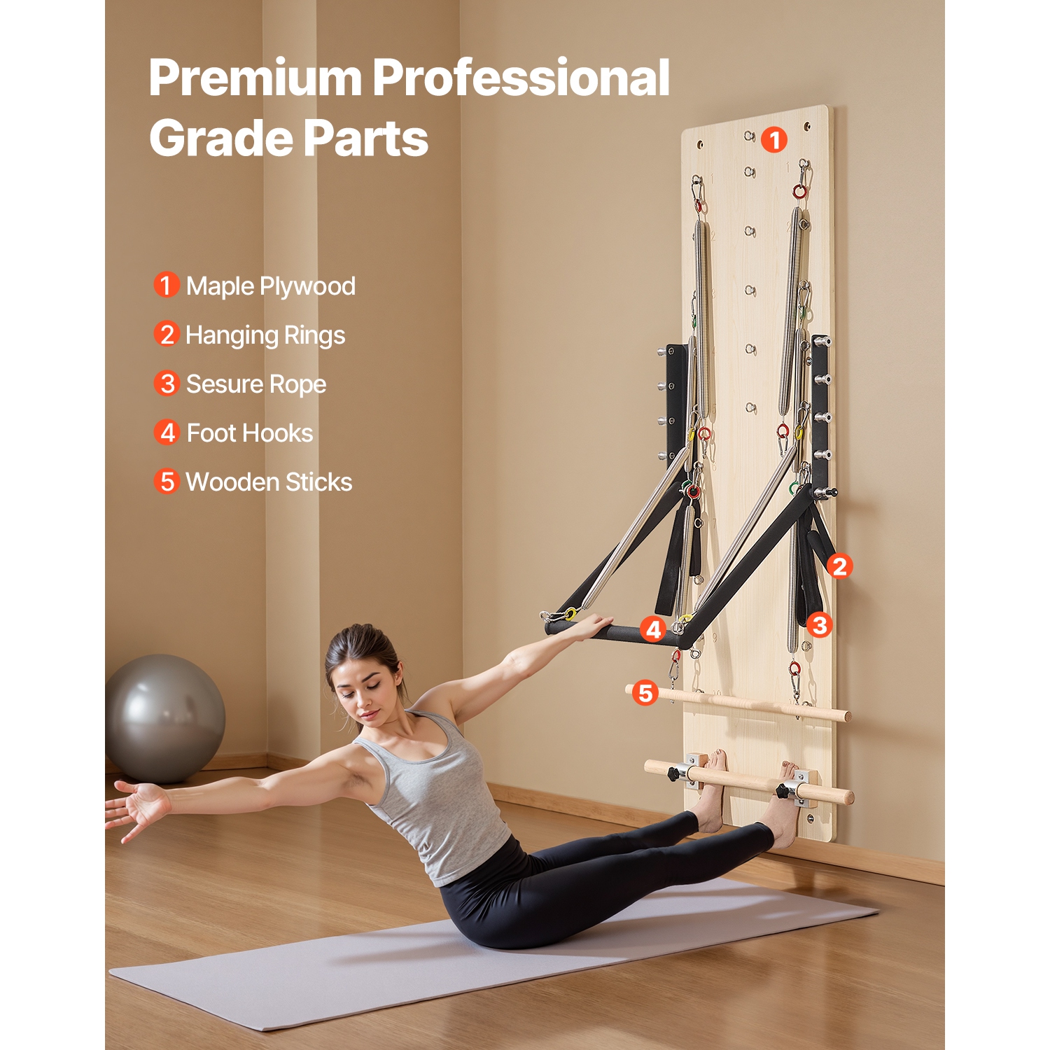 Reformer mural pour Pilates de VEVOR, planche à ressorts Pilates en érable, équipement d'exercice avec ressorts de résistance, appareil