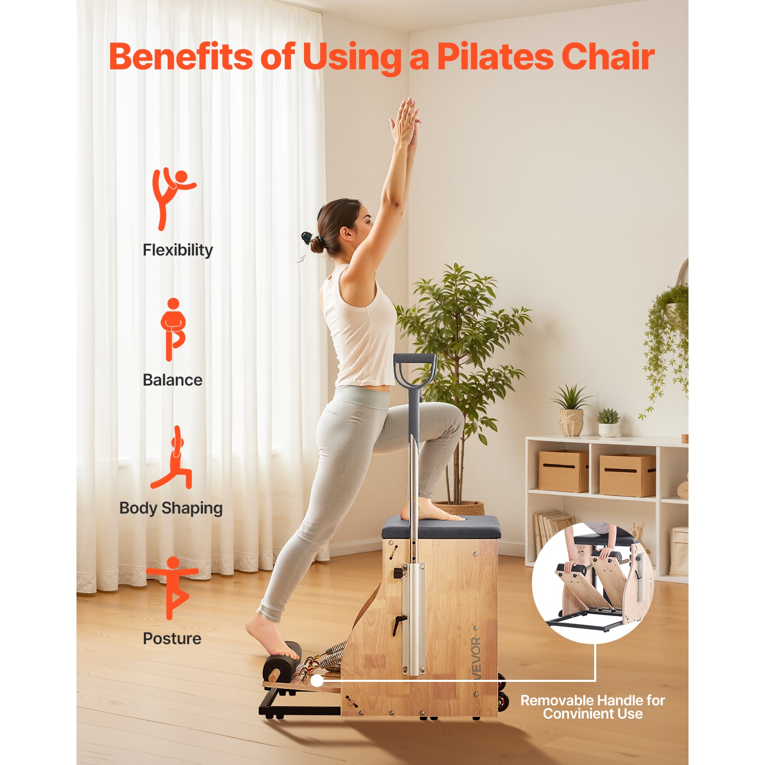 VEVOR Pilates Chair, Split-Pedal Stability Combo Chairs with Handles, Rubber Wood Frame Yoga Fitness Trainer, Exercise Reformer, Pilates