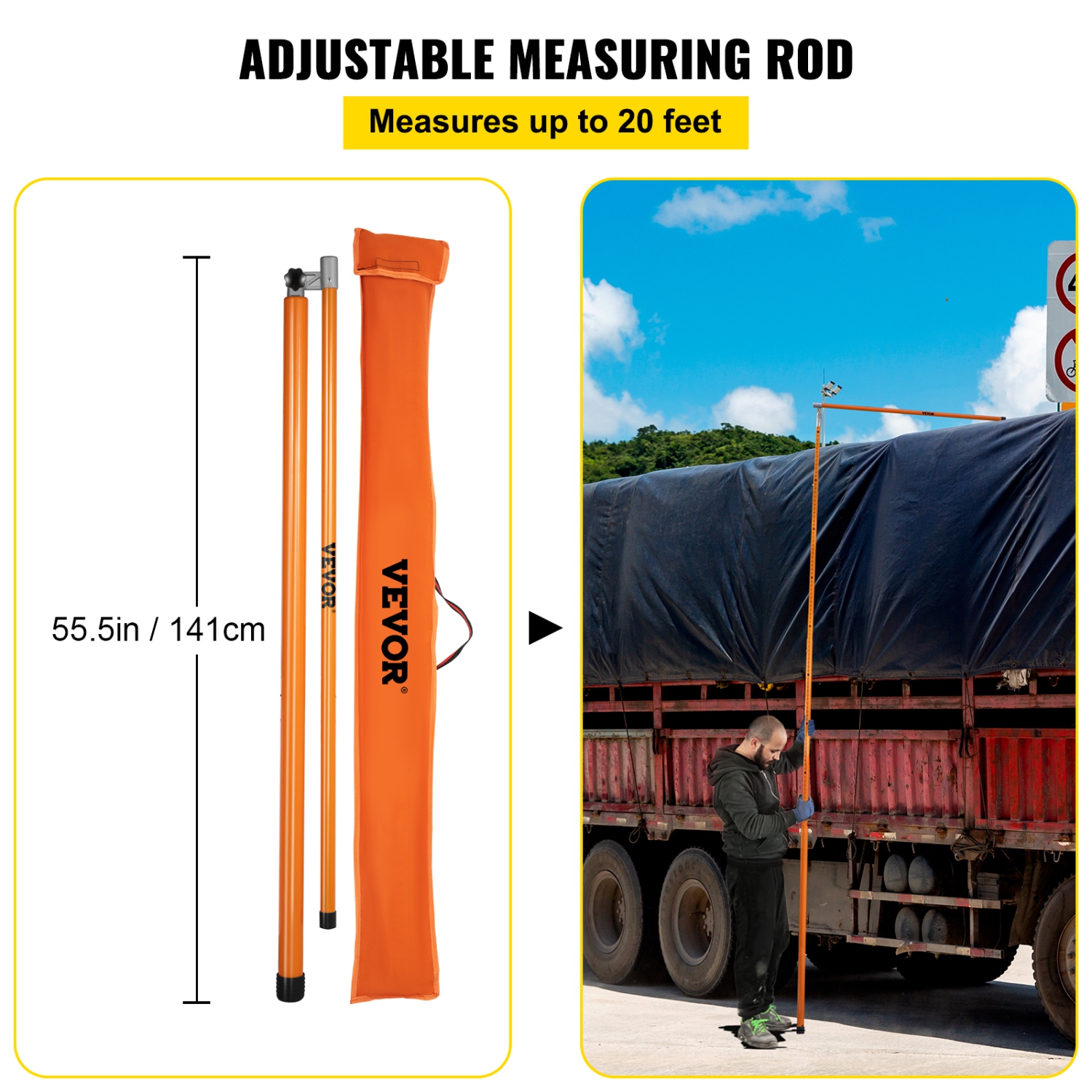 VEVOR 20 ft Sturdy Load Height Measuring Stick, Fiberglass Truck Height Stick with Adjustable Pole, Non-conductive Truck Height Measuring Stick with