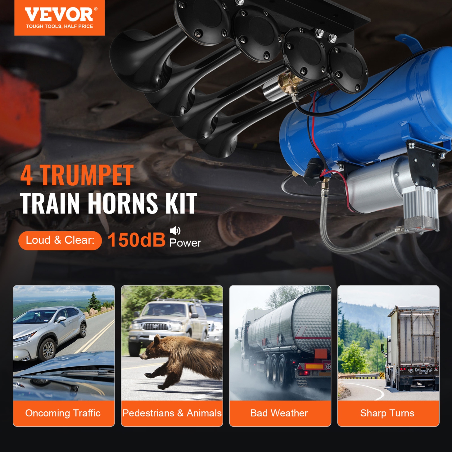VEVOR 12V 120 psi Train Horns Kit, 4 Trumpet Air Horn Kit, 150dB Train Horns for Pickup Trucks, Air Compressor 1.6 Gal/6 L Tank with Gauge for Any