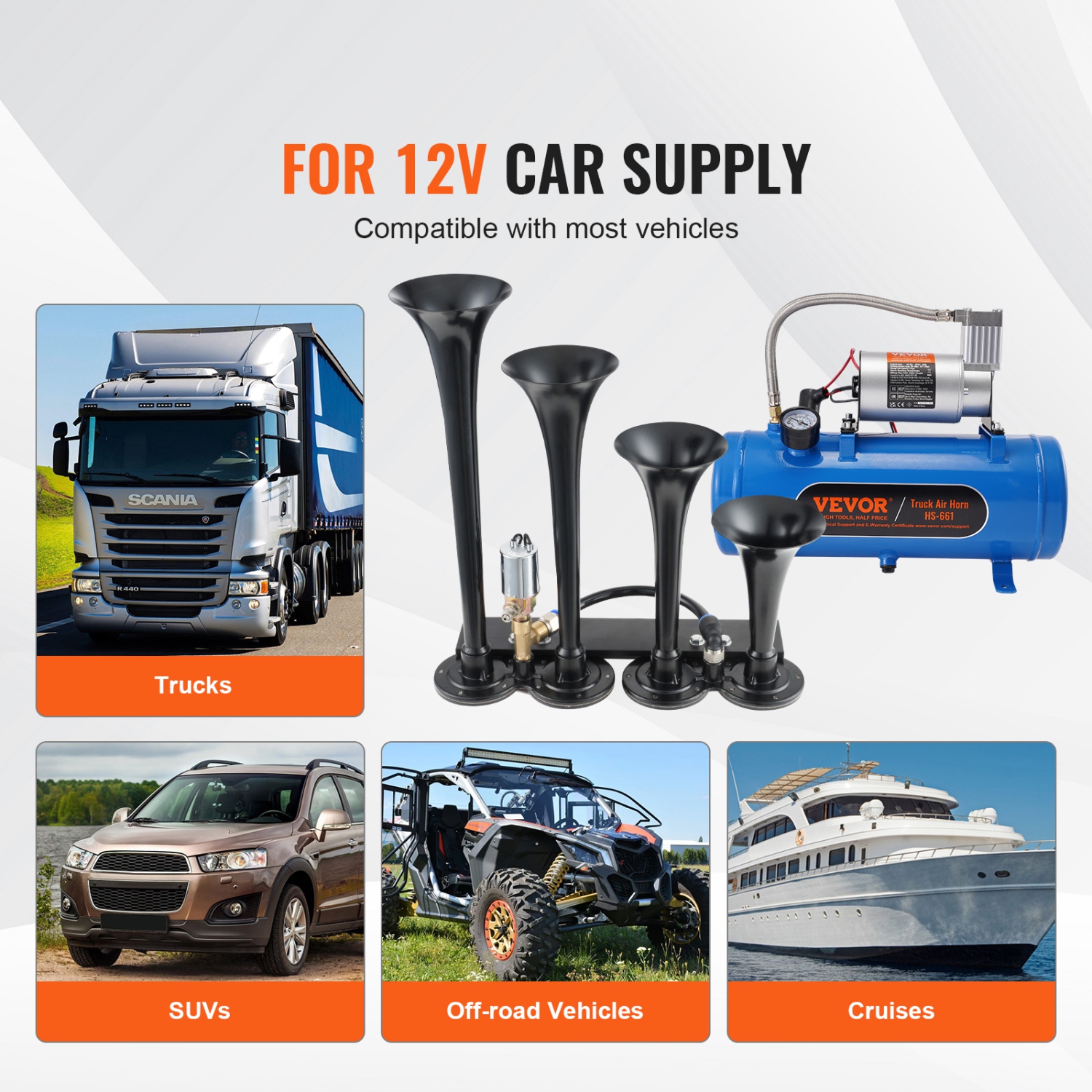 VEVOR 12V 120 psi Train Horns Kit, 4 Trumpet Air Horn Kit, 150dB Train Horns for Pickup Trucks, Air Compressor 1.6 Gal/6 L Tank with Gauge for Any