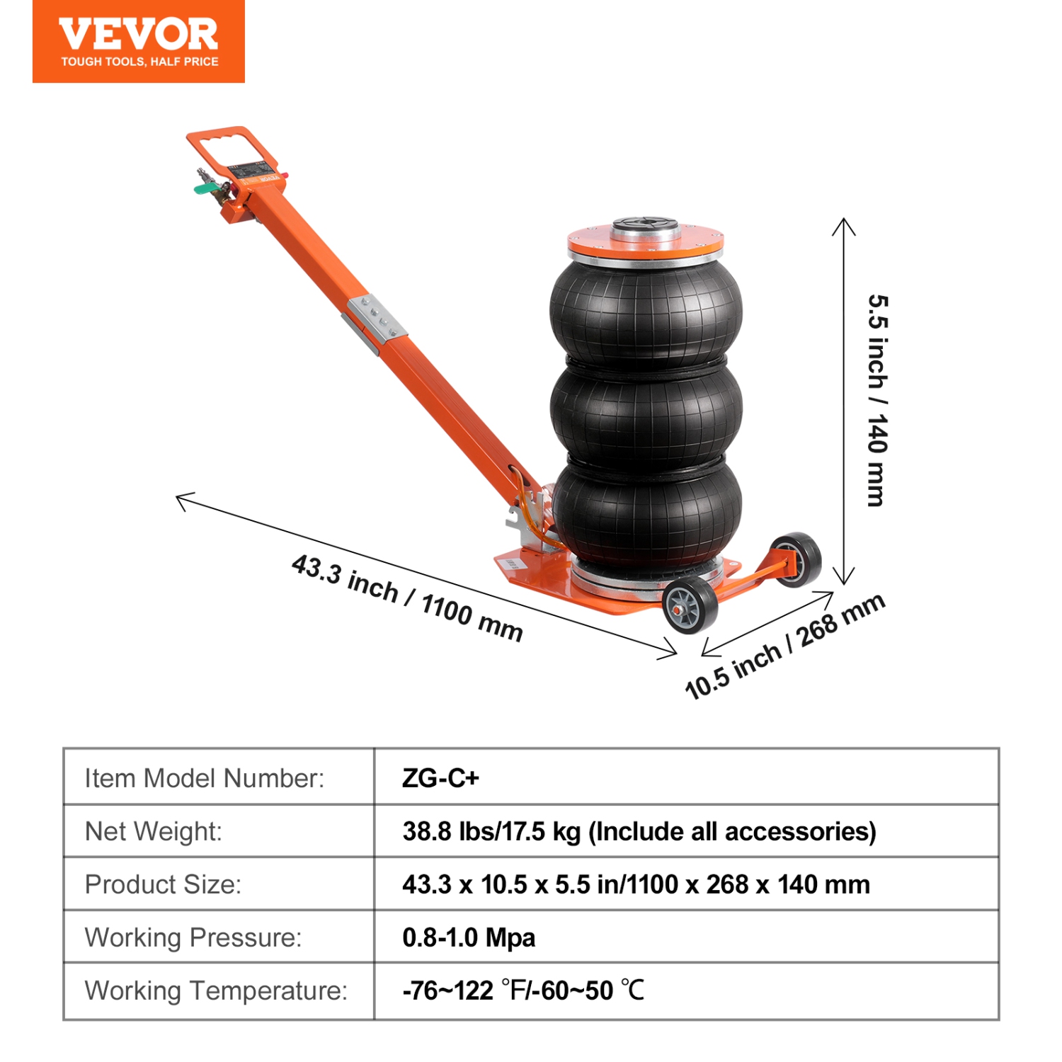 VEVOR 3 Ton/6600 lbs Air Jack, 1-6S Pneumatic Lifting Jack with Heightened Column & Adjustable Handle, Compact, Easy-to-Lift & Space-Saving Jack with