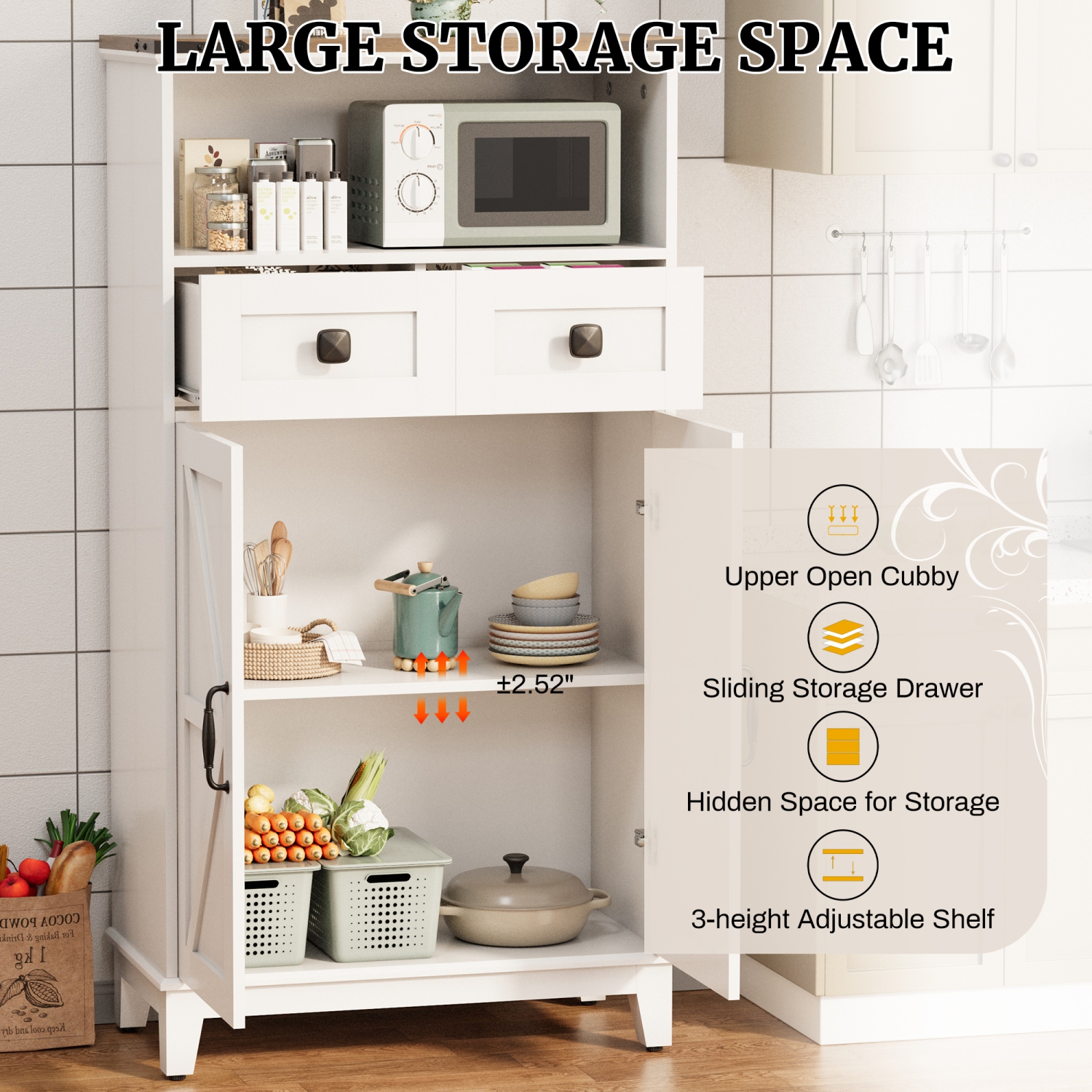 U-HOMY White Farmhouse Storage Cabinet - Narrow Freestanding Organizer with Adjustable Shelves & Doors for Bathroom, Entryway, Kitchen