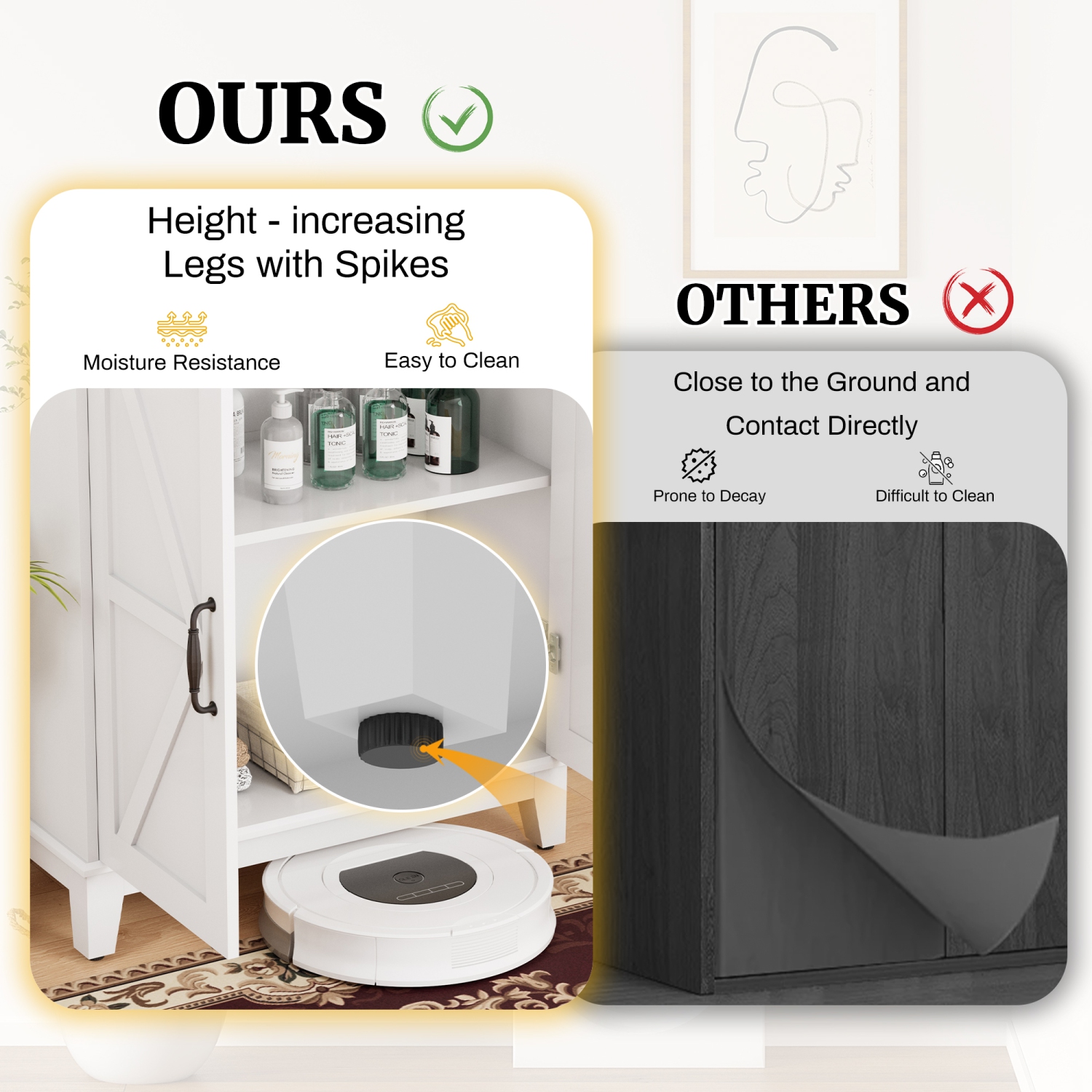 U-HOMY White Farmhouse Storage Cabinet - Narrow Freestanding Organizer with Adjustable Shelves & Doors for Bathroom, Entryway, Kitchen