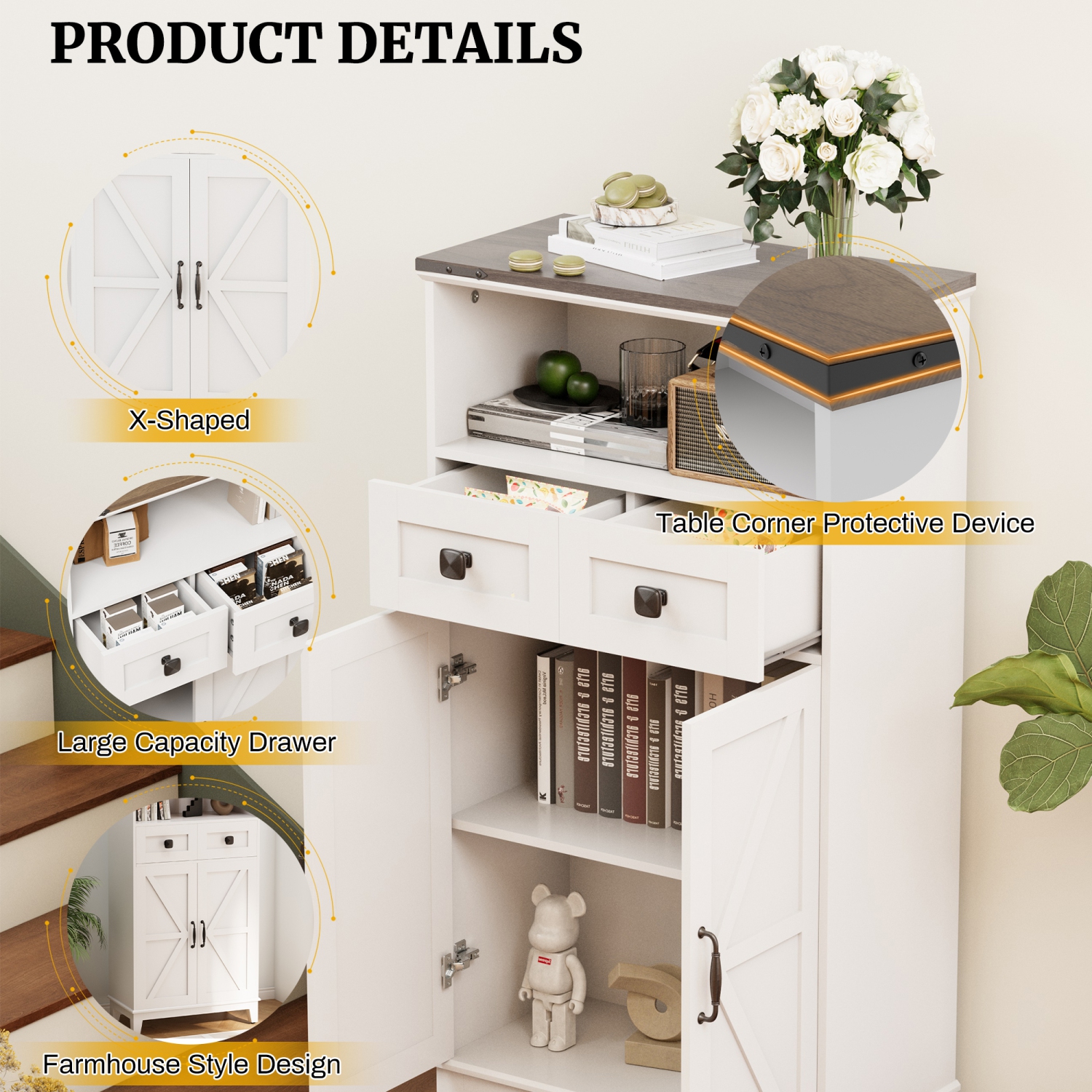 U-HOMY White Farmhouse Storage Cabinet - Narrow Freestanding Organizer with Adjustable Shelves & Doors for Bathroom, Entryway, Kitchen