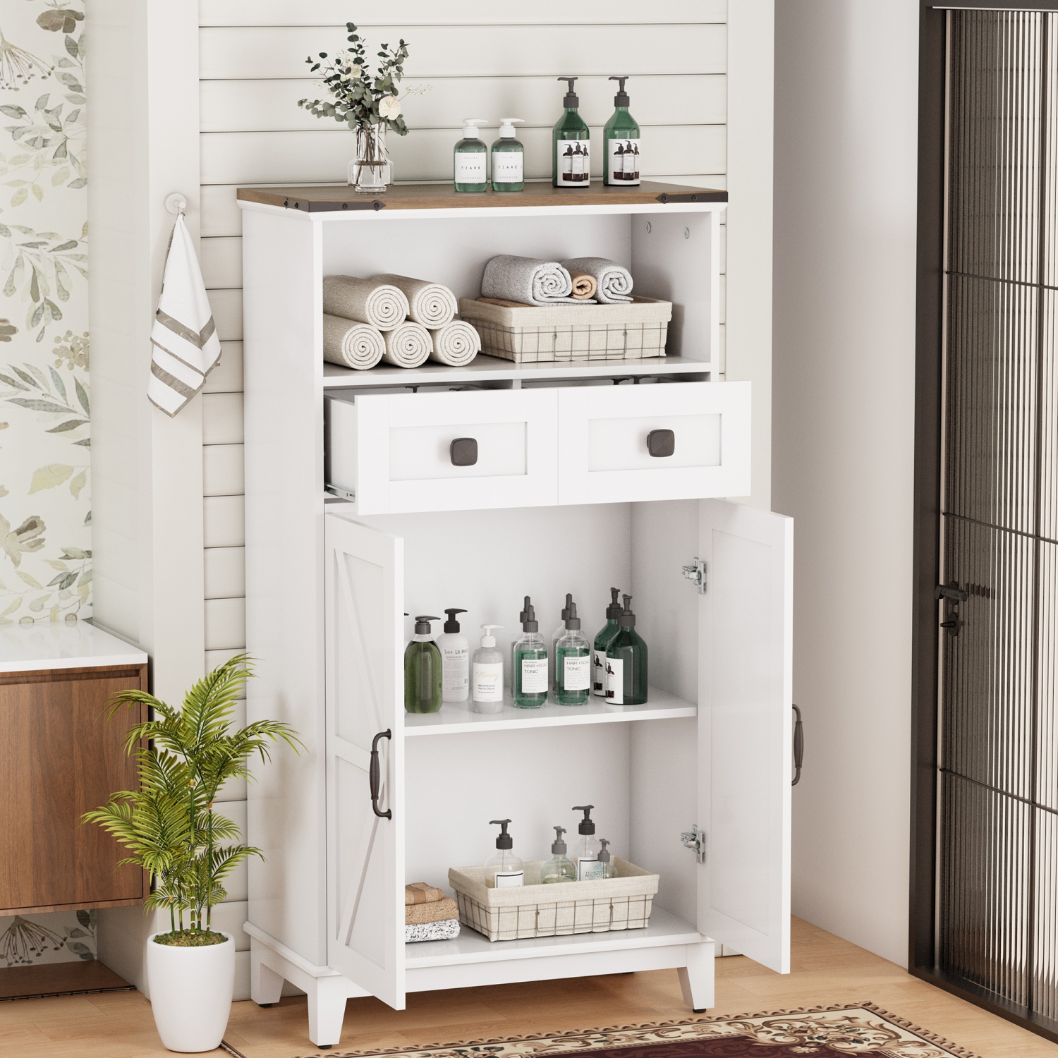 U-HOMY White Farmhouse Storage Cabinet - Narrow Freestanding Organizer with Adjustable Shelves & Doors for Bathroom, Entryway, Kitchen