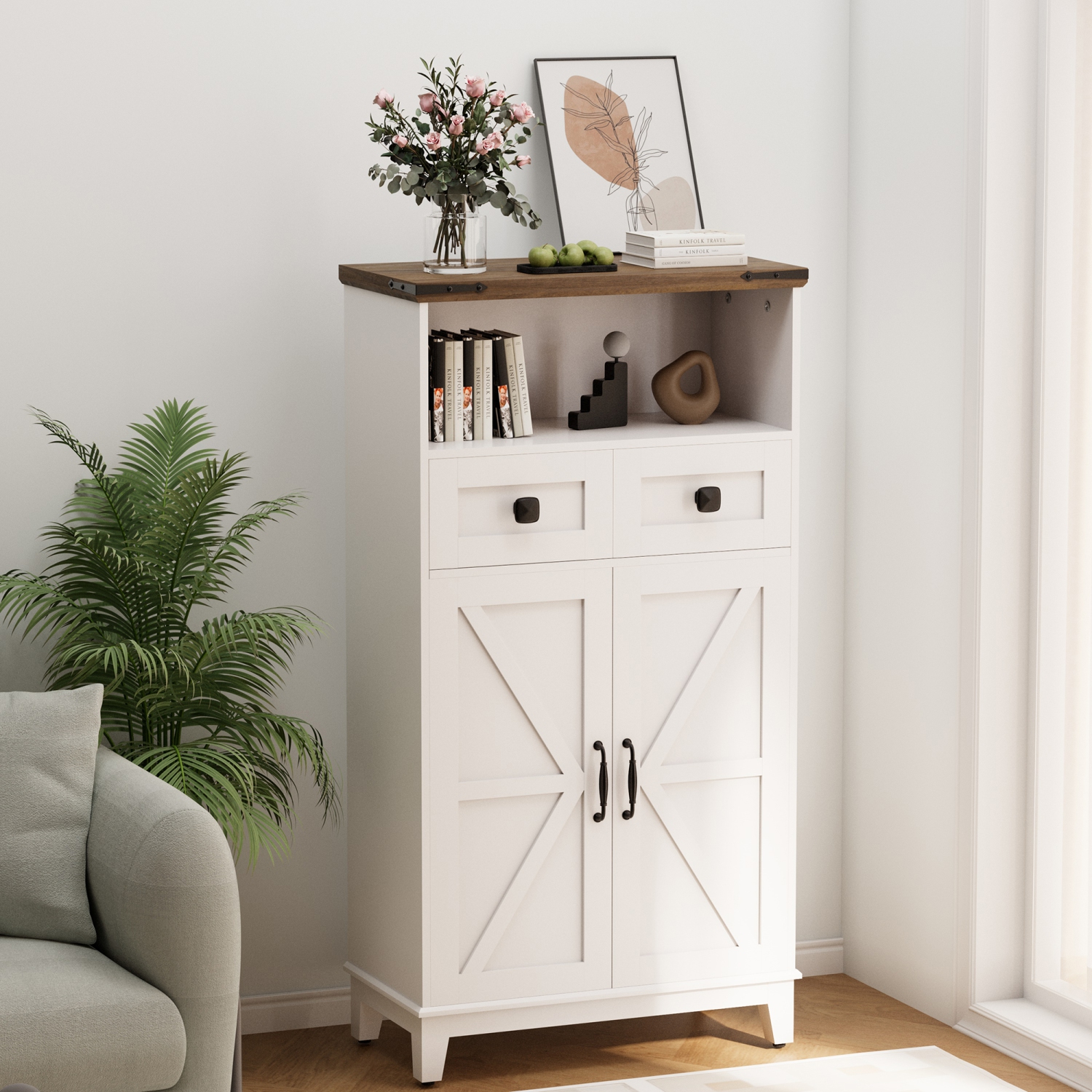 U-HOMY White Farmhouse Storage Cabinet - Narrow Freestanding Organizer with Adjustable Shelves & Doors for Bathroom, Entryway, Kitchen