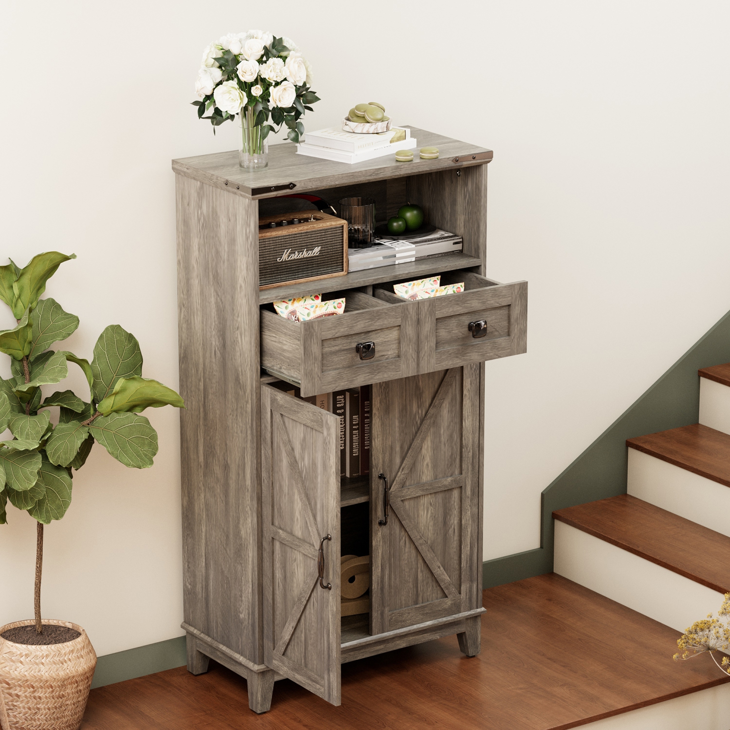 Armoire de rangement grise U-HOMY - Organisateur autonome étroit avec tablettes et portes ajustables pour salle de bain, entrée, cuisine