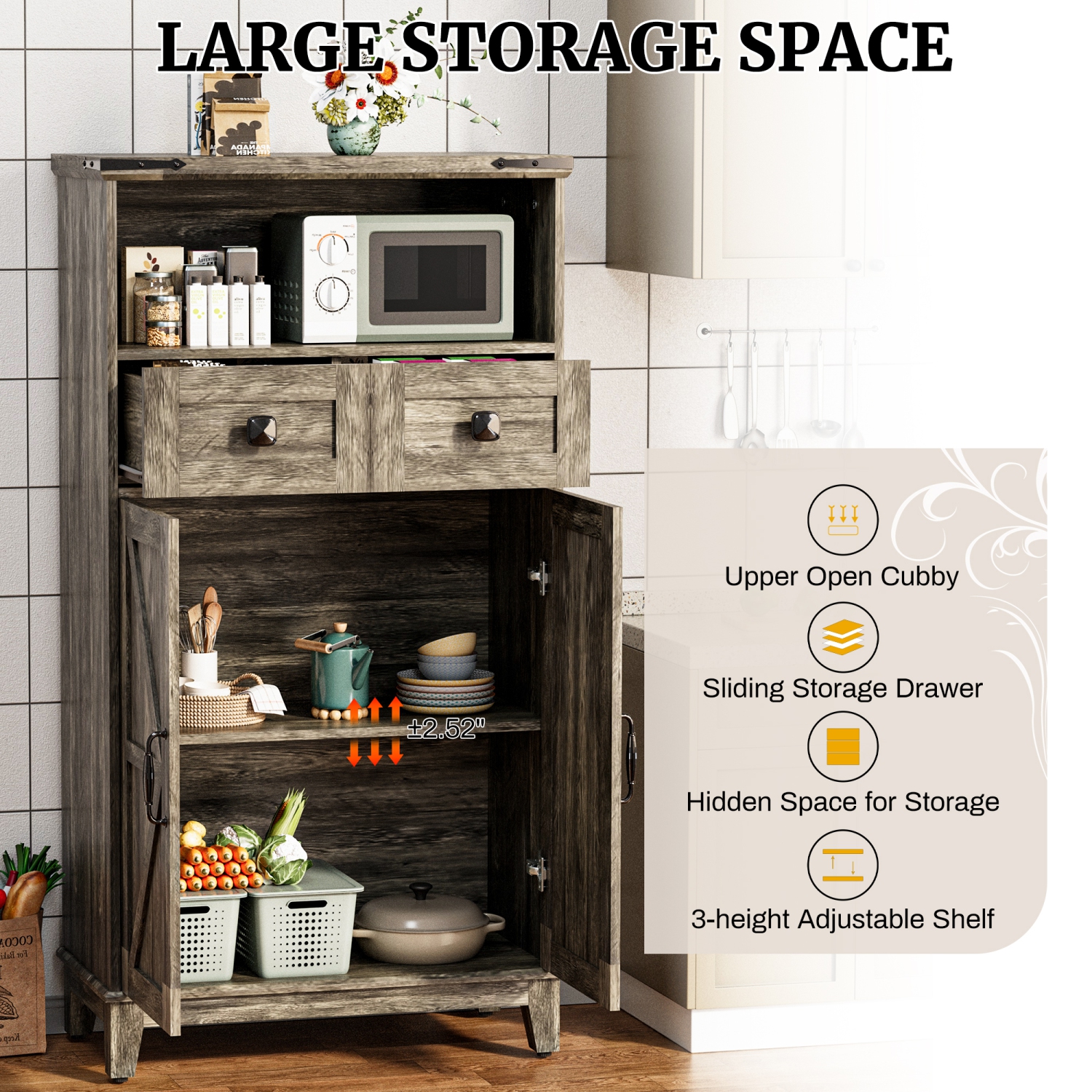 Armoire de rangement grise U-HOMY - Organisateur autonome étroit avec tablettes et portes ajustables pour salle de bain, entrée, cuisine