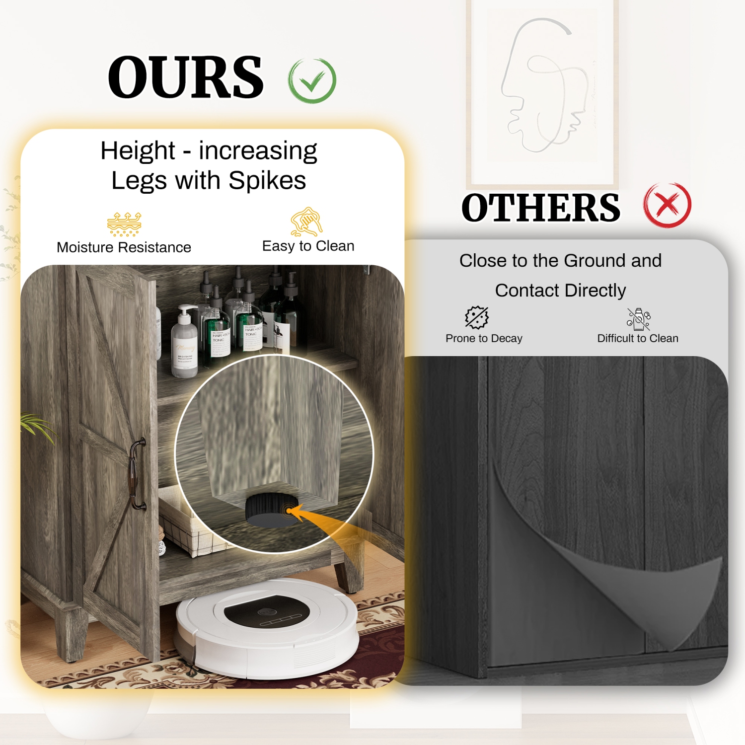 Armoire de rangement grise U-HOMY - Organisateur autonome étroit avec tablettes et portes ajustables pour salle de bain, entrée, cuisine