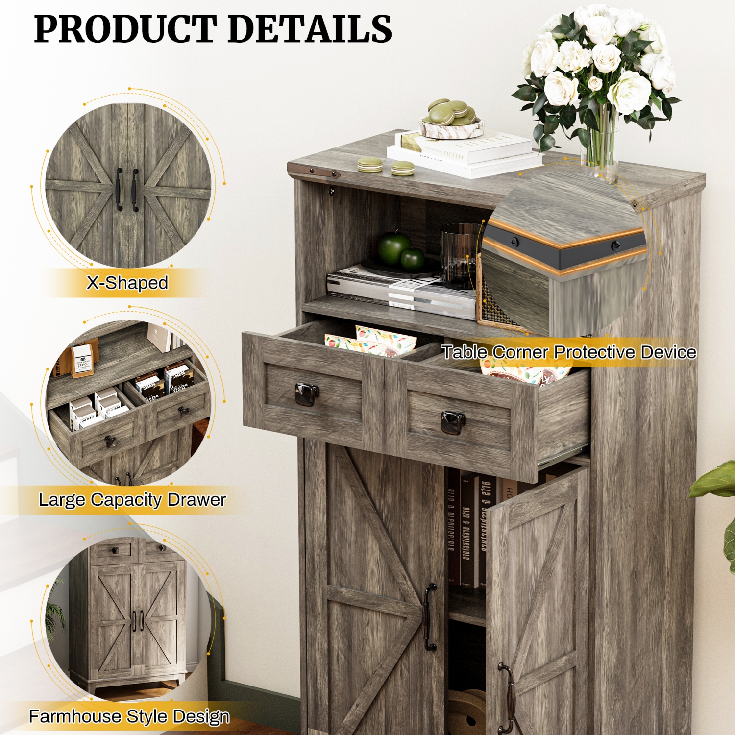 Armoire de rangement grise U-HOMY - Organisateur autonome étroit avec tablettes et portes ajustables pour salle de bain, entrée, cuisine