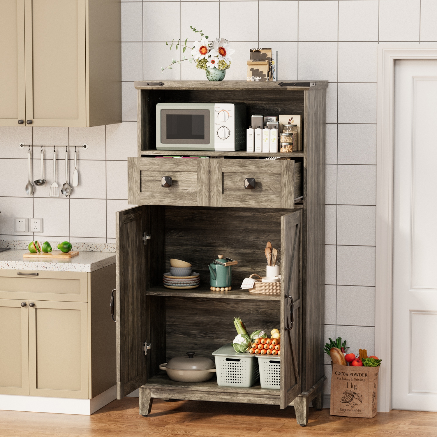 Armoire de rangement grise U-HOMY - Organisateur autonome étroit avec tablettes et portes ajustables pour salle de bain, entrée, cuisine