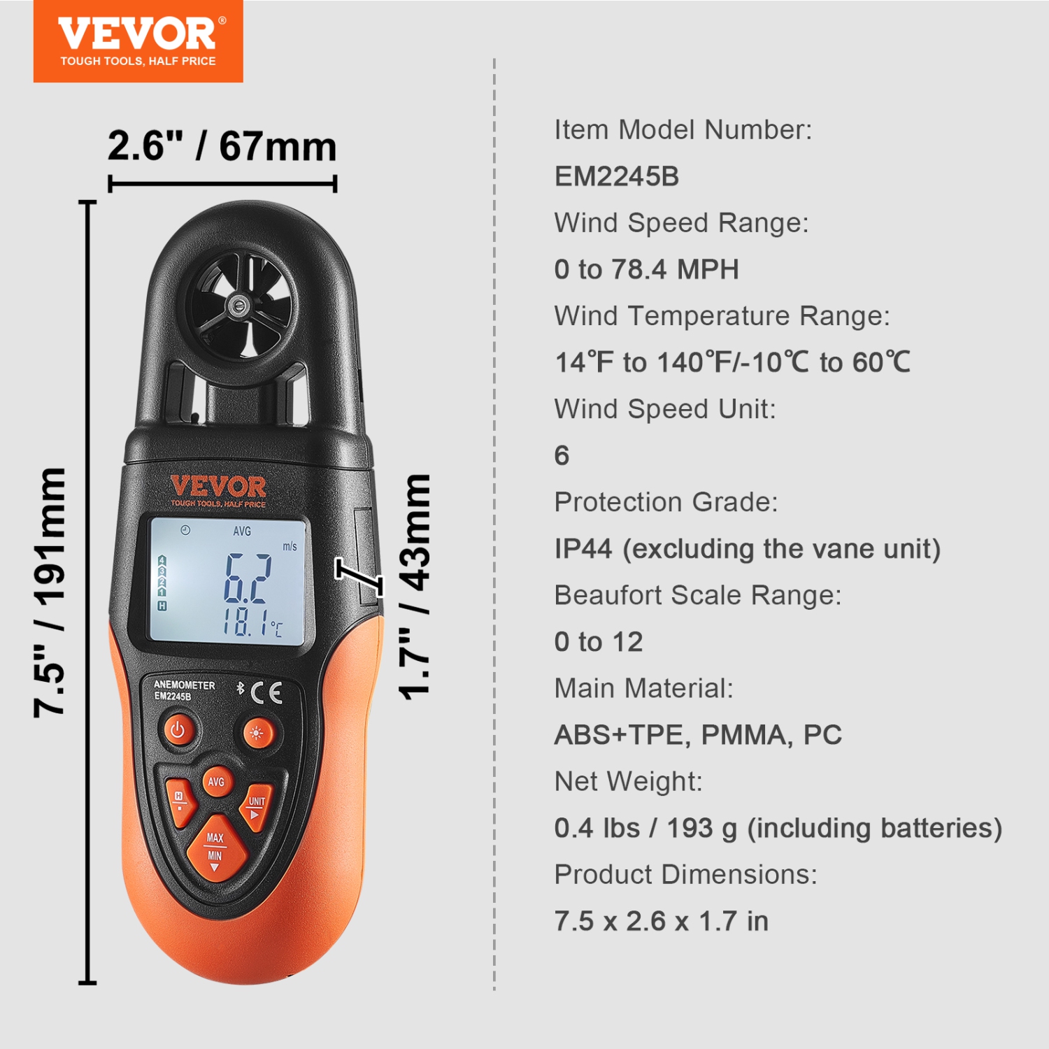 VEVOR 14℉-140℉ Bluetooth Handheld Anemometer, Digital Wind Speed Meter Gauge with LED Backlight Screen, Measures Wind Velocity Wind Temperature Air