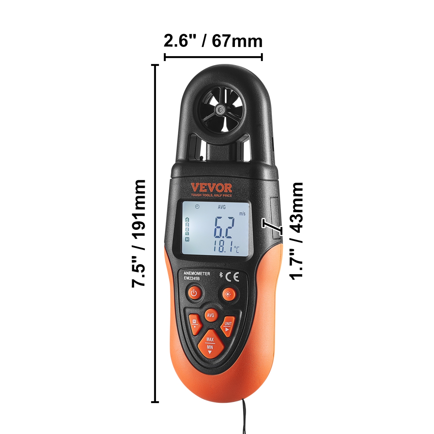 VEVOR 14℉-140℉ Bluetooth Handheld Anemometer, Digital Wind Speed Meter Gauge with LED Backlight Screen, Measures Wind Velocity Wind Temperature Air
