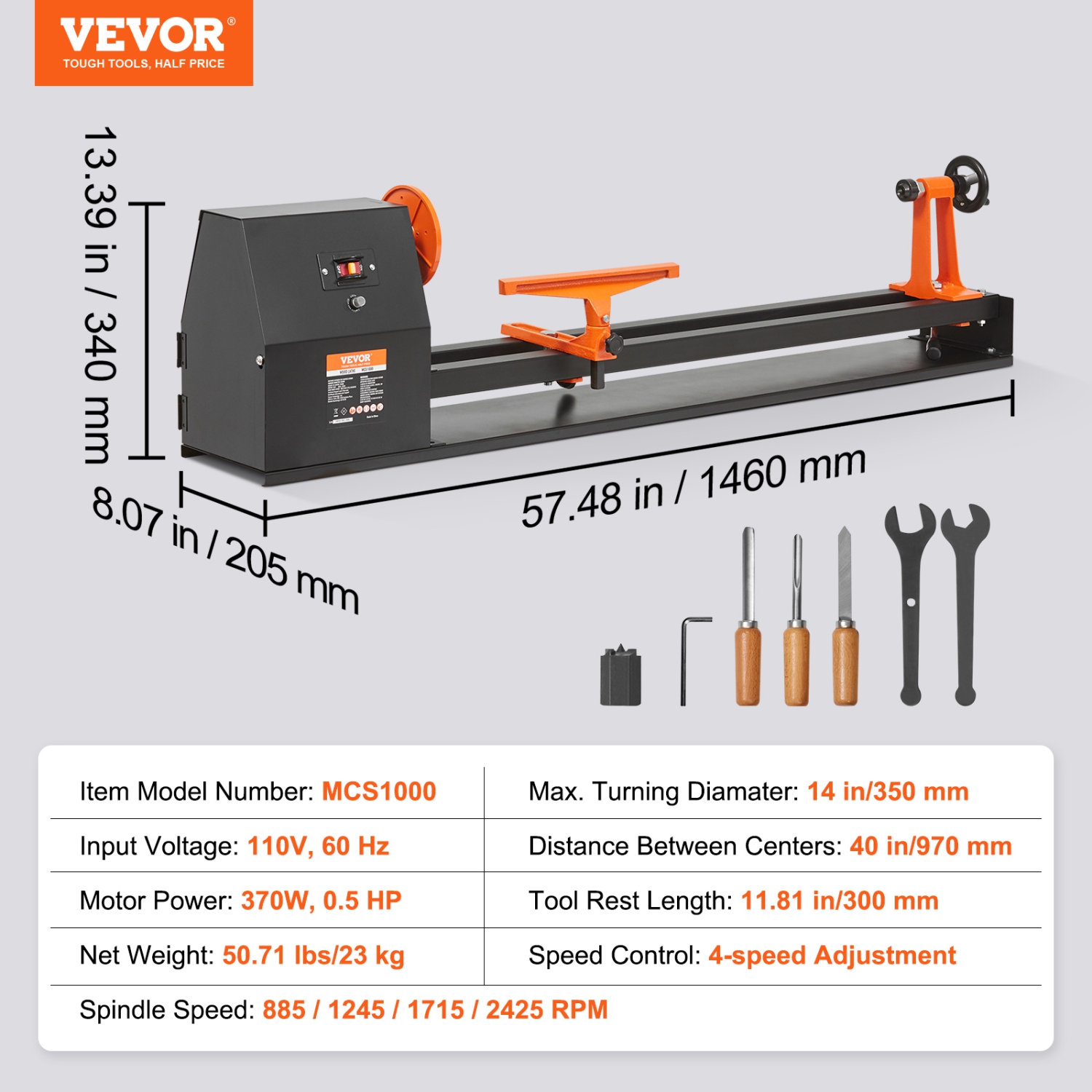 Tour en bois VEVOR 14&nbsp;po x 40&nbsp;po, machine à tourner en bois 370&nbsp;W de 0,5&nbsp;HP, 4 vitesses réglables 885/1245/1715/2425 RPM avec