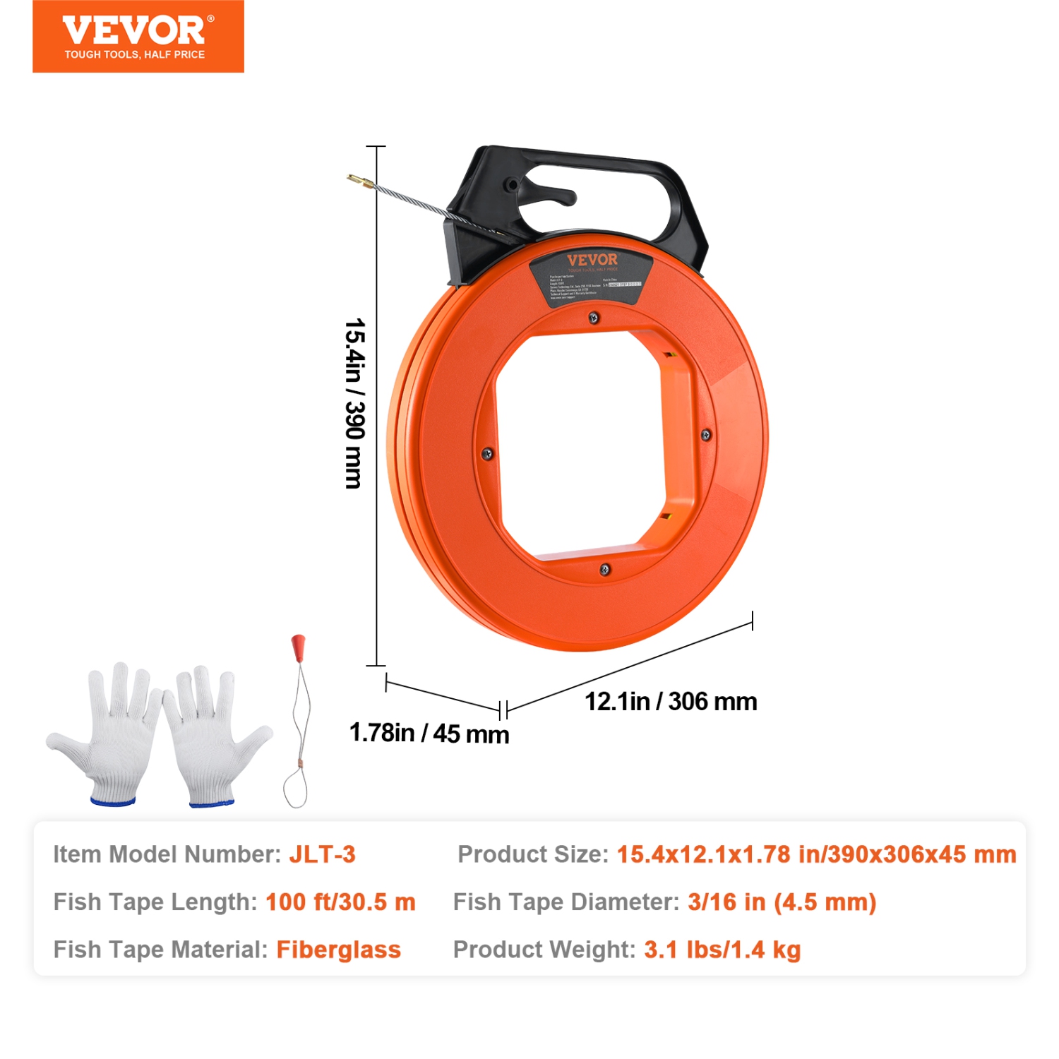VEVOR 100 ft Fish Tape,3/16-inch,Fiberglass Wire Puller with Optimized Housing and Handle, Easy-to-Use Cable Puller Tool,Flexible Wire Fishing Tools