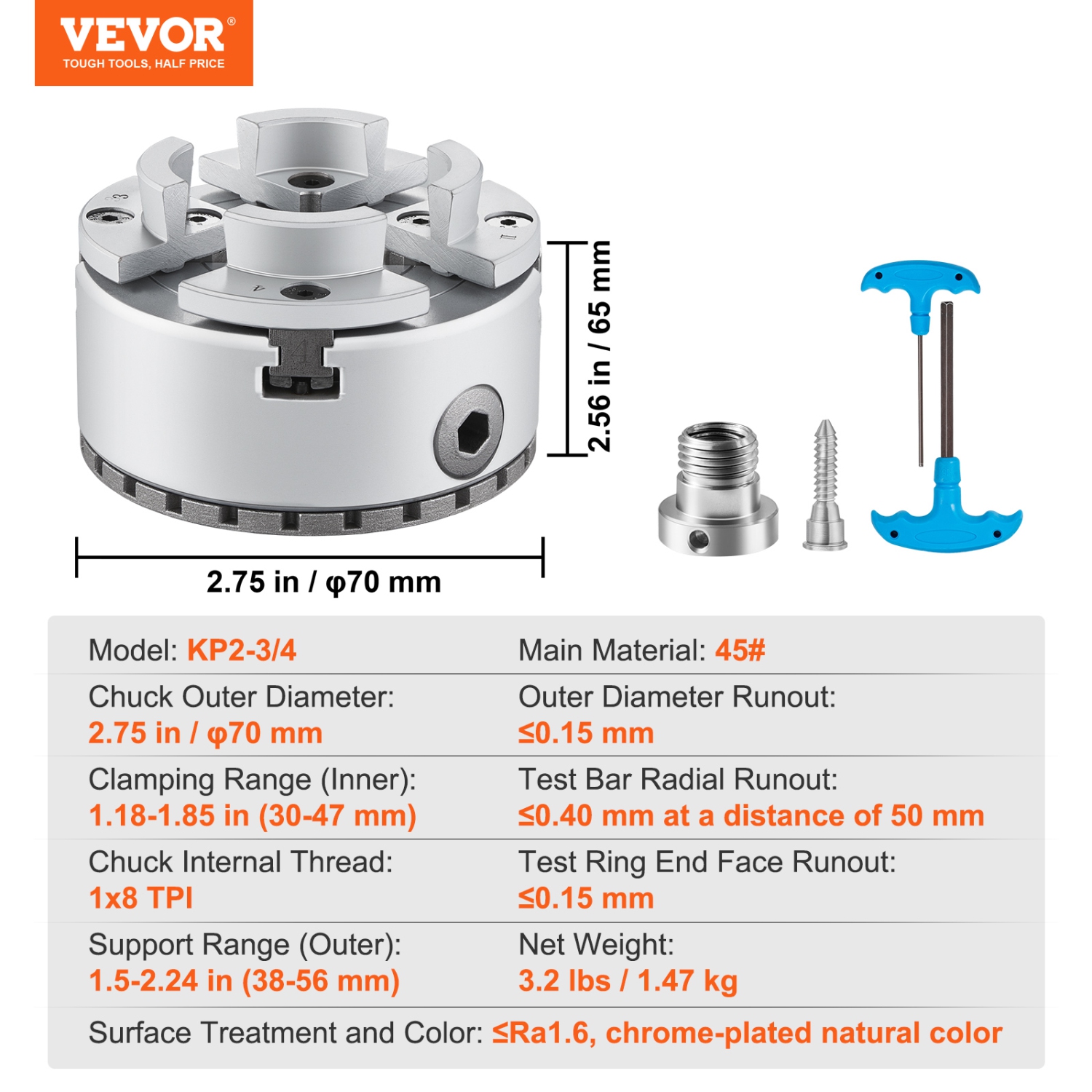 VEVOR KP2-3/4 Lathe Chuck, 4-Jaw 2.75" Diameter, Metal Lathe Chuck Turning Machine Accessories,Self-centering Tool,for Lathe, Precision