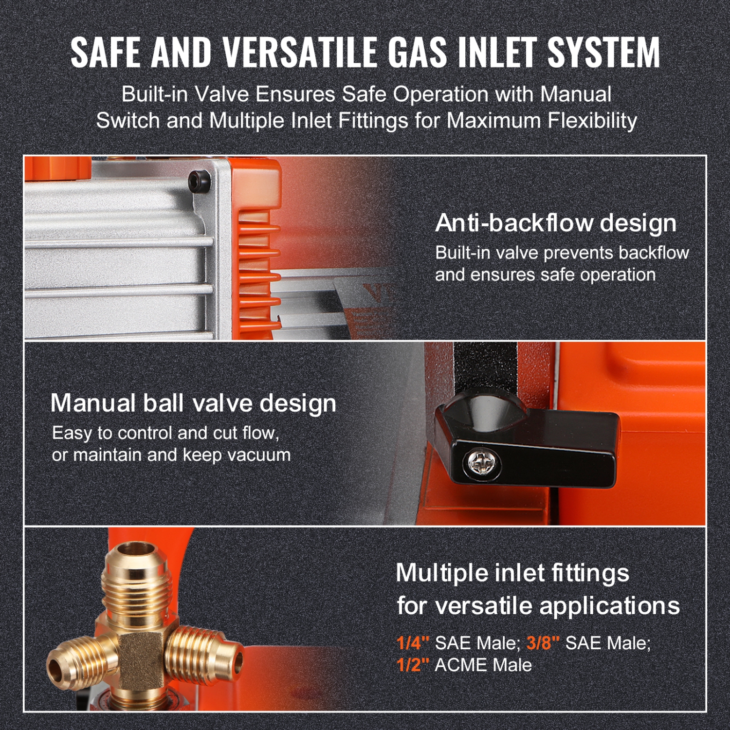 VEVOR 1/2 HP 2 Stage Rotary Vane Vacuum Pump, 7 CFM, 120V Air Conditioning Vacuum Pump, 1/4" SAE Male 3/8" SAE Male 1/2" ACME Male Inlet, for HVAC