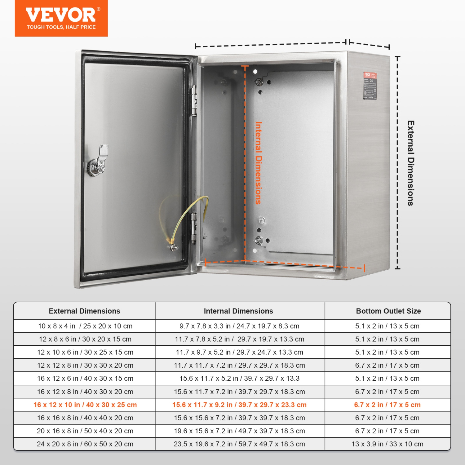 VEVOR 16"x 12"x 10" Steel Electrical Box,304 Stainless Steel Electrical Enclosure Box,Wall-Mounted Outdoor Electrical Electronic Equipment Enclosure