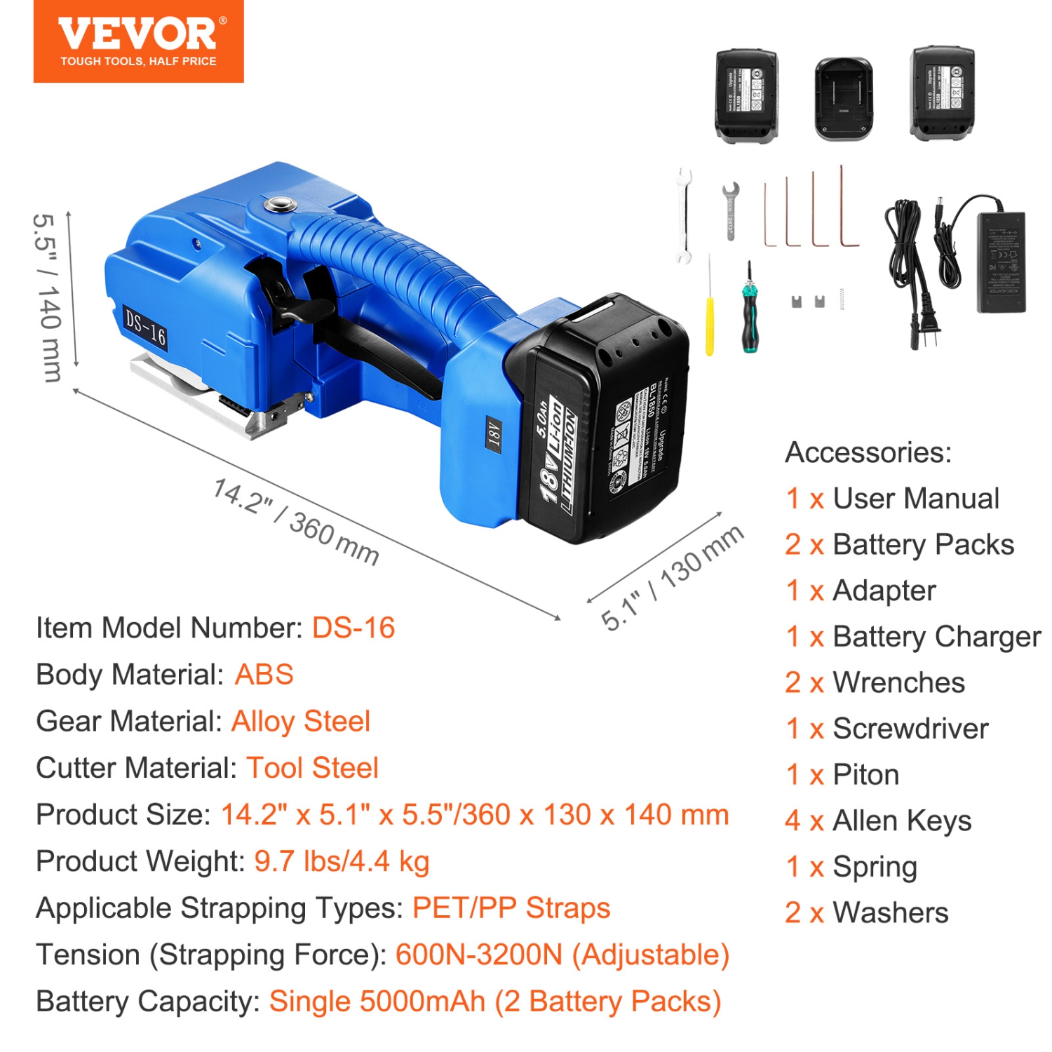 VEVOR 0.35"-0.63" Electric Strapping Machine, Portable Electric Banding Tool with Digital Display, 2 x 5000mAh Battery Powered Automatic Strapping